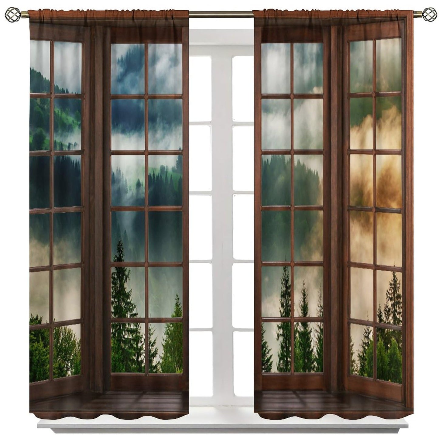 Green Misty Landscape Curtains, Nature Foggy Tree Mountain Scenery Retro Woodland 3D Landscape Blackout Window Treatments for Bedroom Living Room Kitchen 42x54 Inch