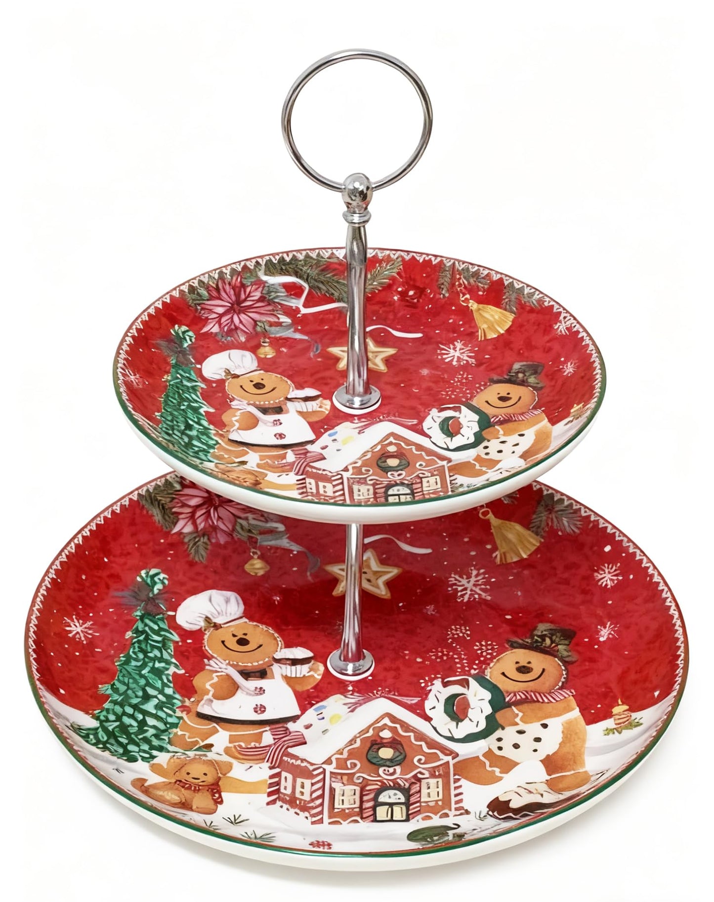 2-Tier Red Round Porcelain XMAS Cake Fruit Stand Plate with Gift Box, Cupcake Serving Display Ceramic Pastry Tray Towers Platter Set for Dessert Appetizer Candy Buffet for Home Party - Gingerbread Man
