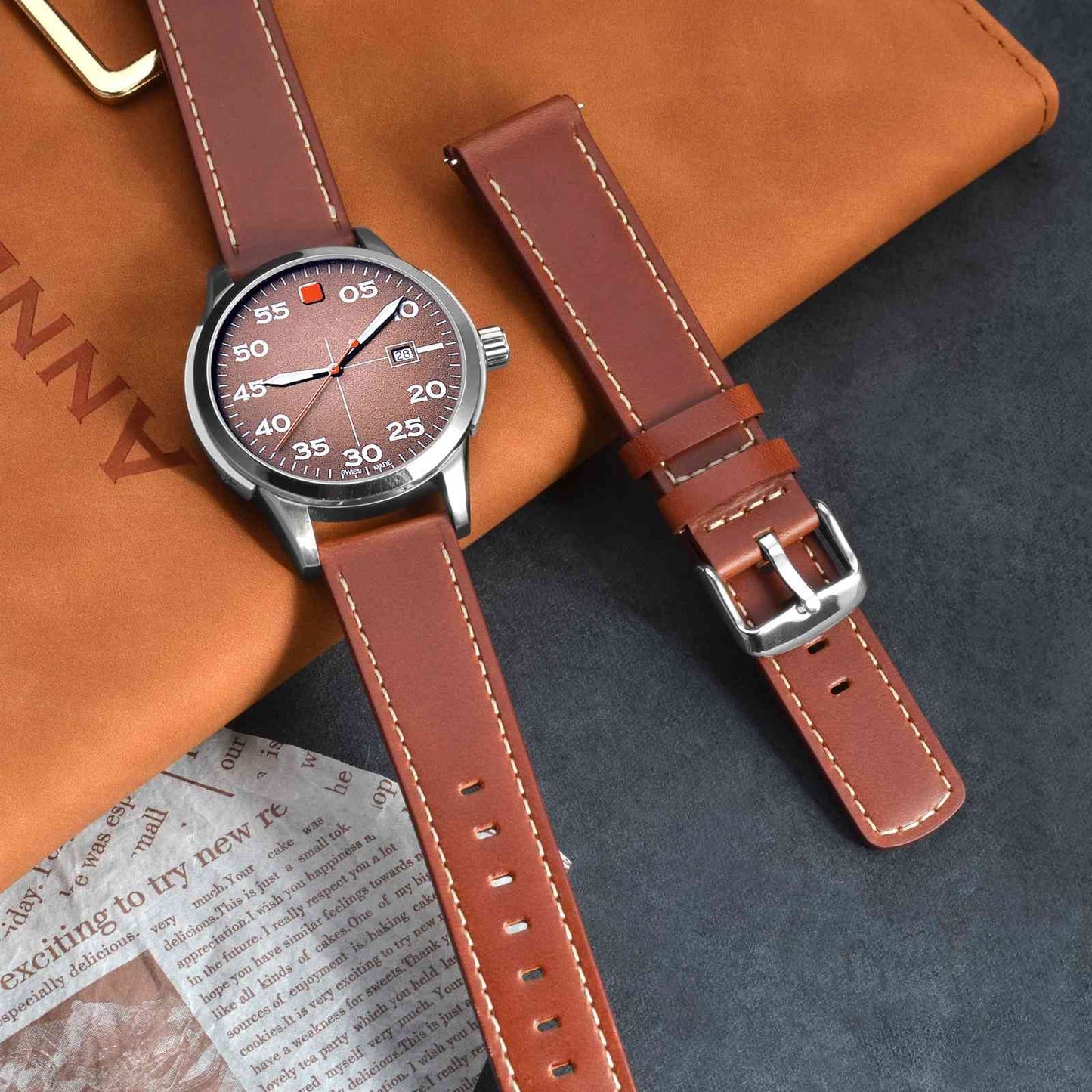 ANNEFIT 21mm Watch Band, Quick Release Genuine Leather Replacement Strap (Red Brown)