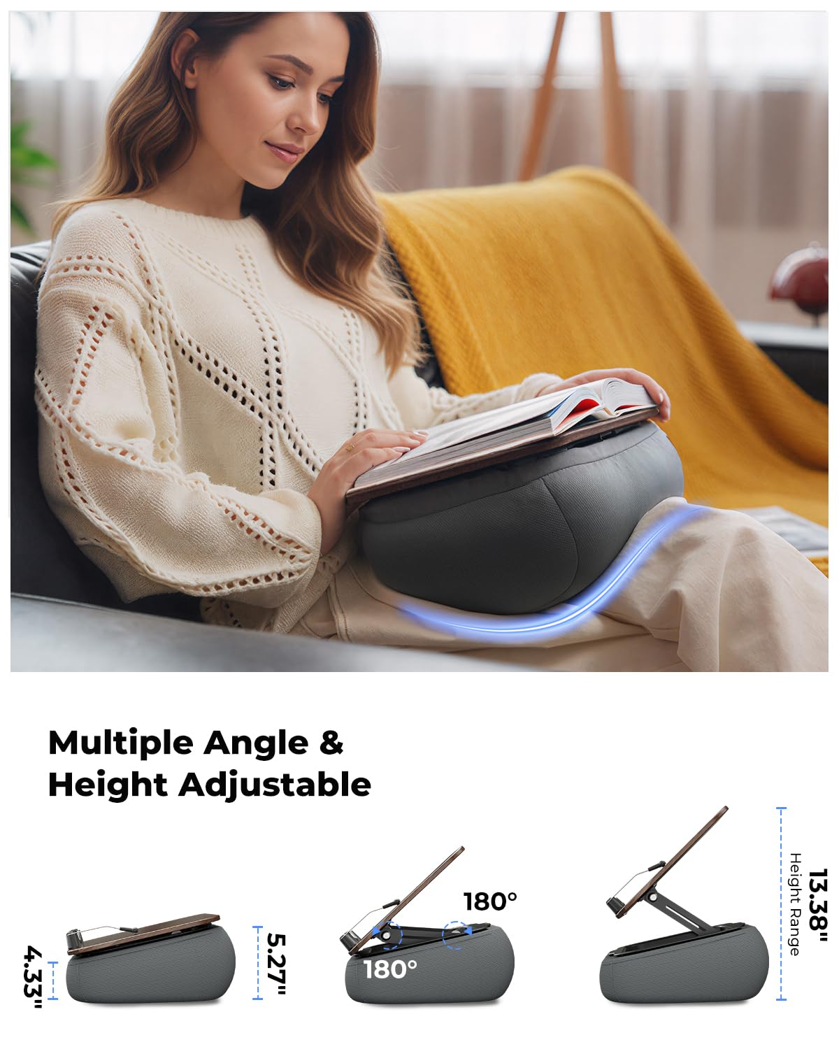 Viozon Lap Book Pillow Stand with Storage, Adjustable Beanbag Reading Pillow with Dark Wood Panel, Multi-Angle Book Holder for Hands-Free Reading in Bed or Sofa,Book Lover Essential,Soft Cushion