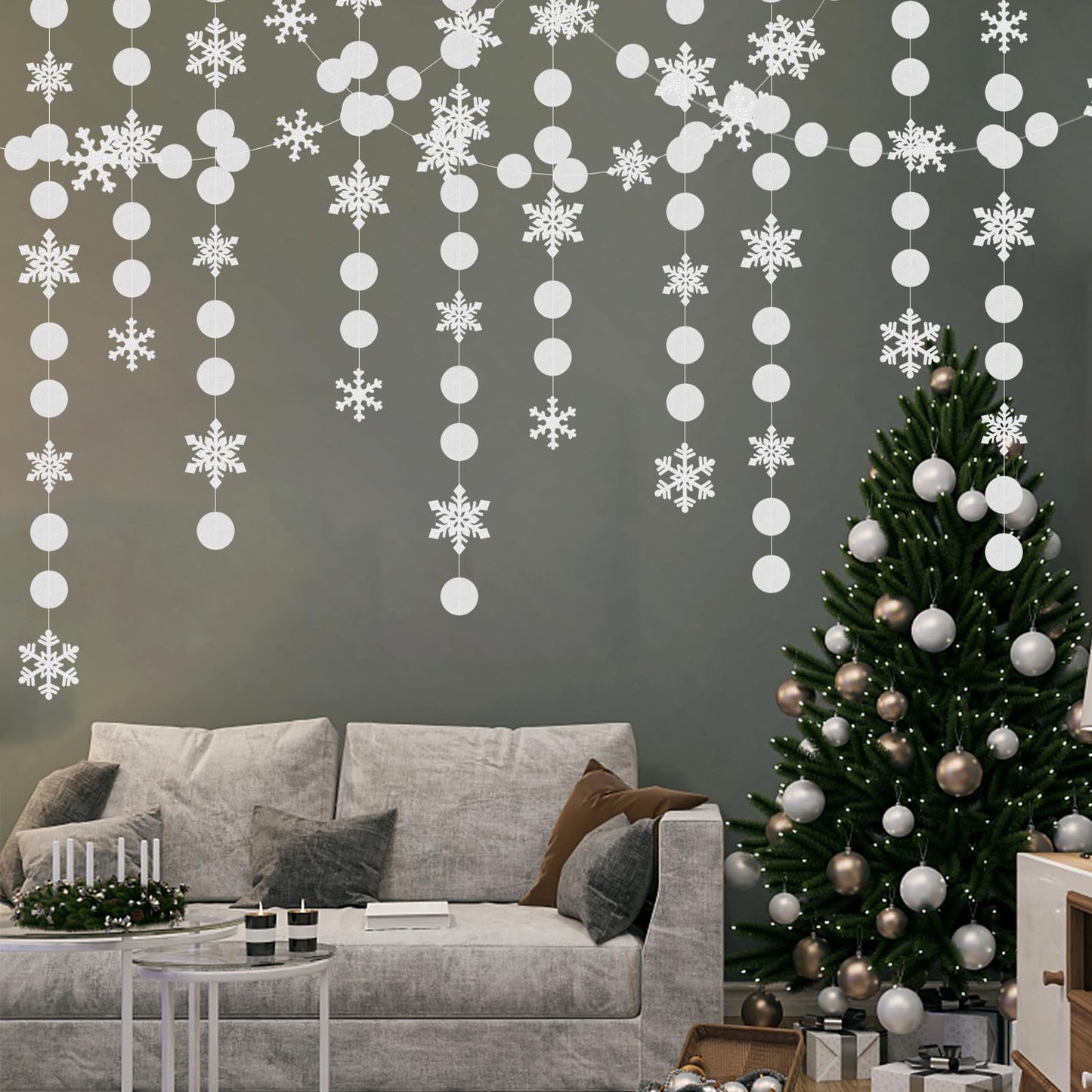 Snowflake-Snow White-Silver Christmas Party-Decoration Garland - 52Ft Winter Wonderland Frozen Hanging Paper Streamers,Birthday New Year Supplies Decor Lasting Surprise