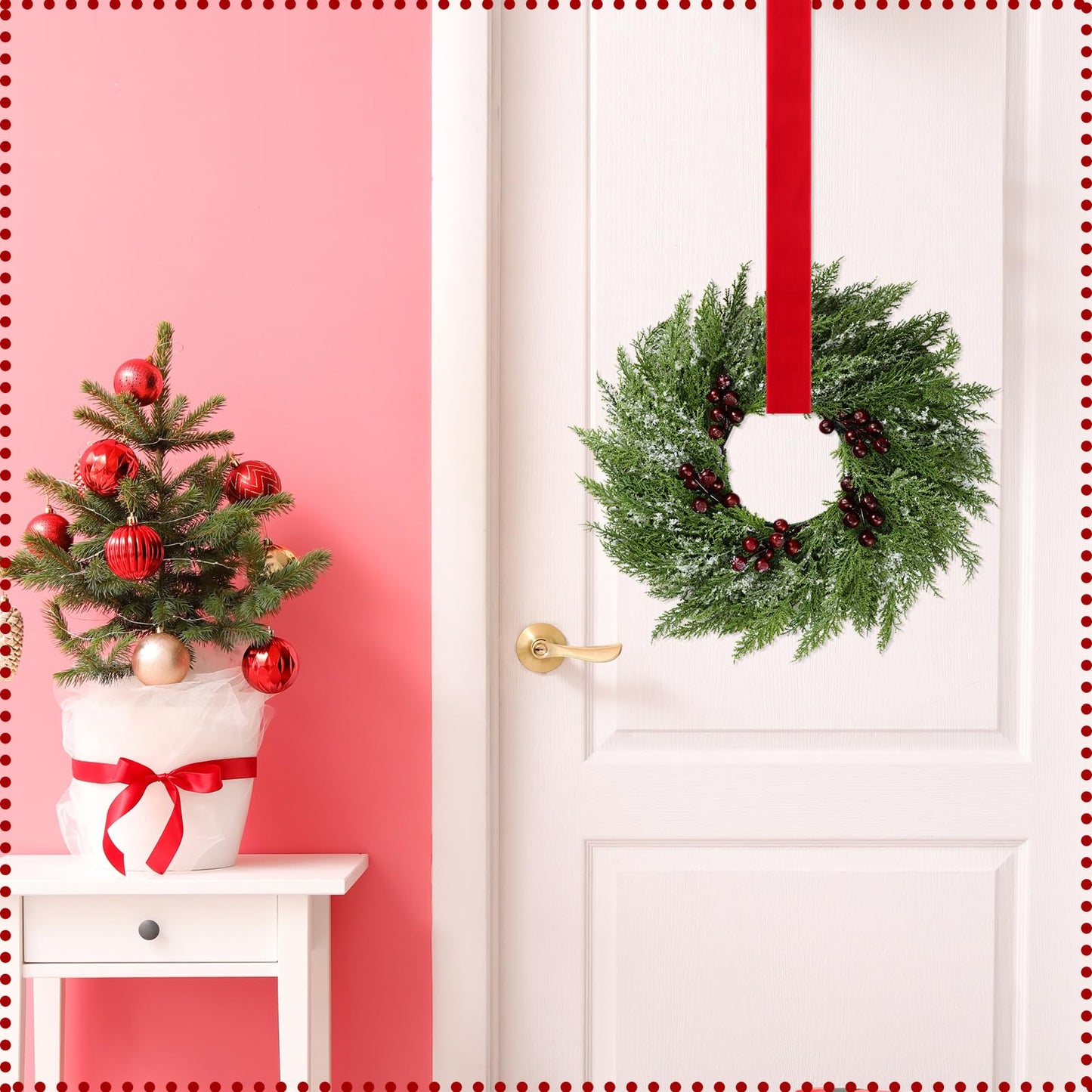 12 Pcs Small Christmas Norfolk Wreaths 15 Inch Christmas Kitchen Cabinet Mini Wreath with Bow Ribbon Cedar Berry for Xmas Front Door Window Chair Fireplace Table Pillar Farmhouse