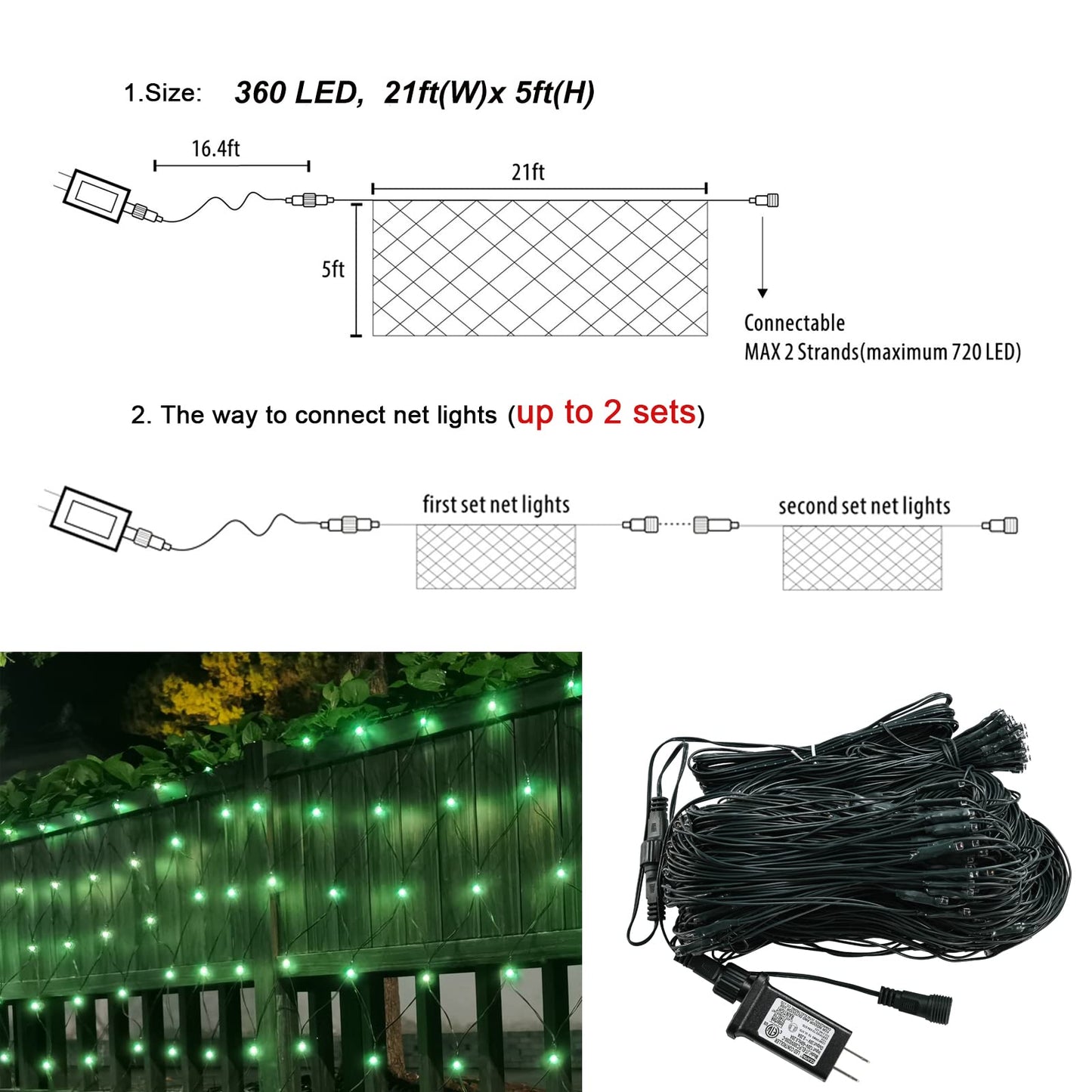 OYCBUZO 360LED Green Net Lights Outdoor, 21ft x 5ft 8 Modes Connectable Mesh Lights St Patricks Day Decor, Waterproof Outdoor Bush Christmas Light Plug in for Xmas Tree Holiday Party Patio Garden