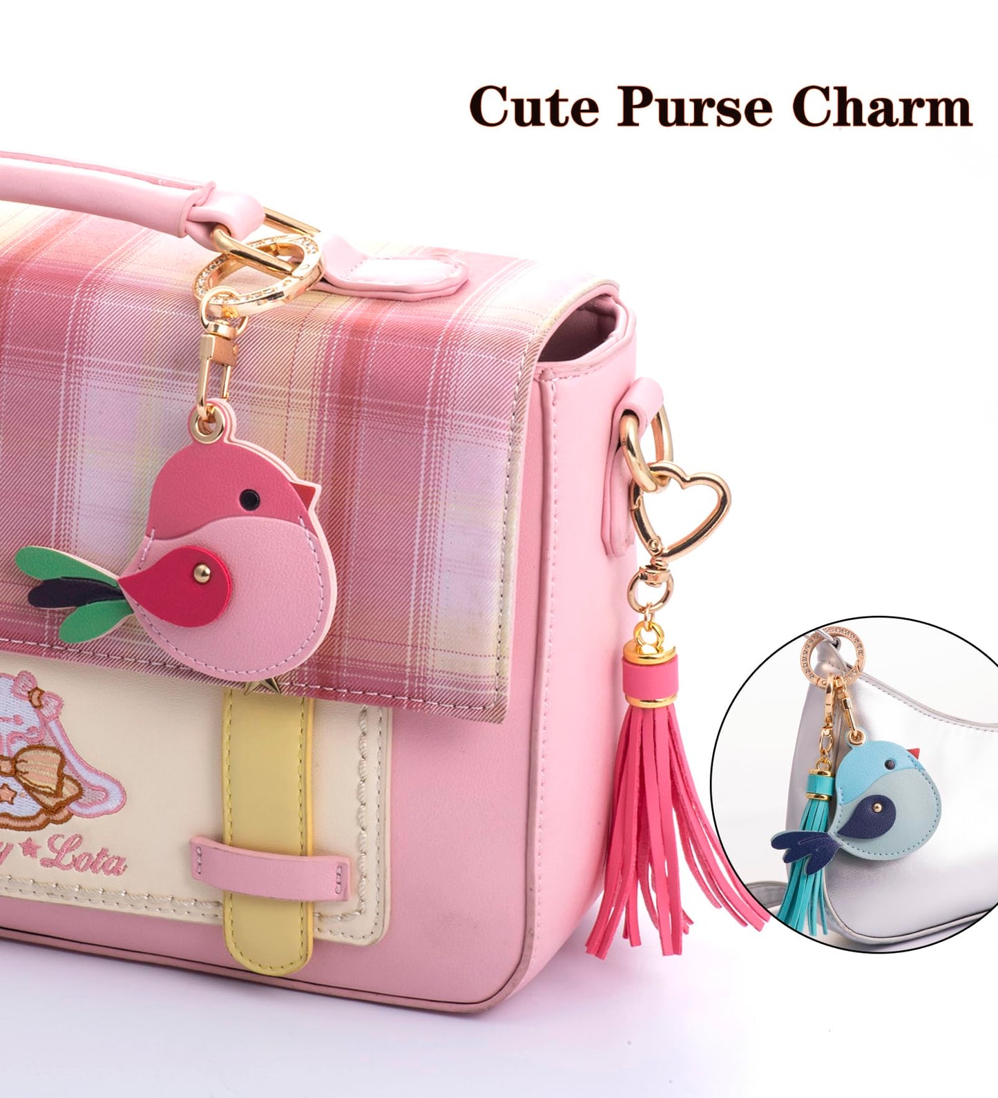 YOU WIZV Airtag Keychain Cute Bag Charms 2pc,Pink Leather Bird Purse Charms with Tassel Keychains, Couple Funny Car Key Chain Accessories