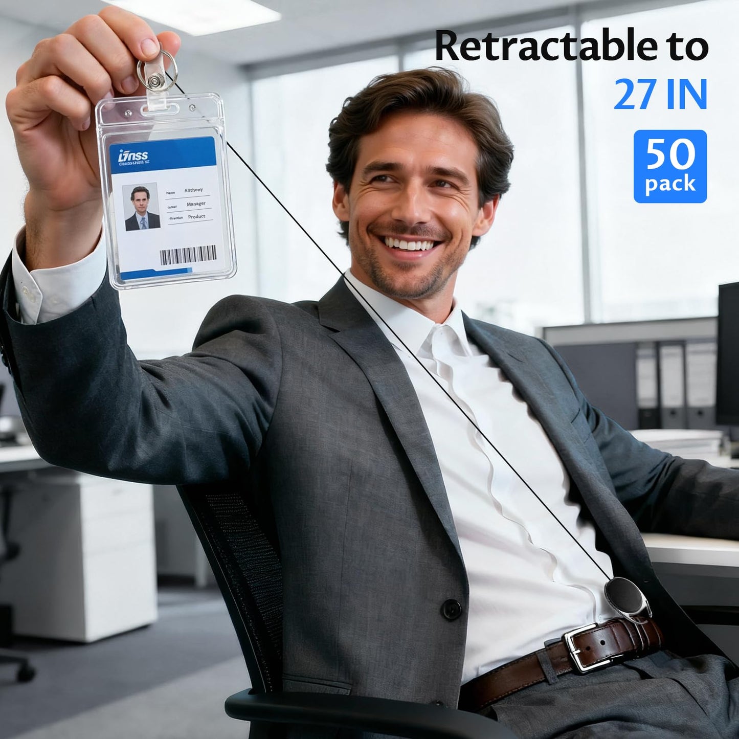 Simetufy 50 Pcs Retractable Badge Reels, ID Badge Holder Retractable Clip Bulk, Sturdy Key Holder with Ring for Office Worker Employee, Doctor Nurse