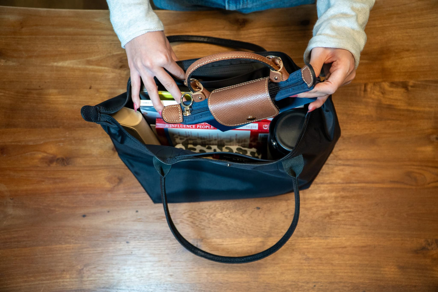 Mini Crossbody Bag | Genuine Leather Trimming | Snap & Zipper Closure | Fashionable | Water resistant | Phone Pouch | Lightweight | Cosmetic Bag | Adjustable Strap Included (Navy Blue)