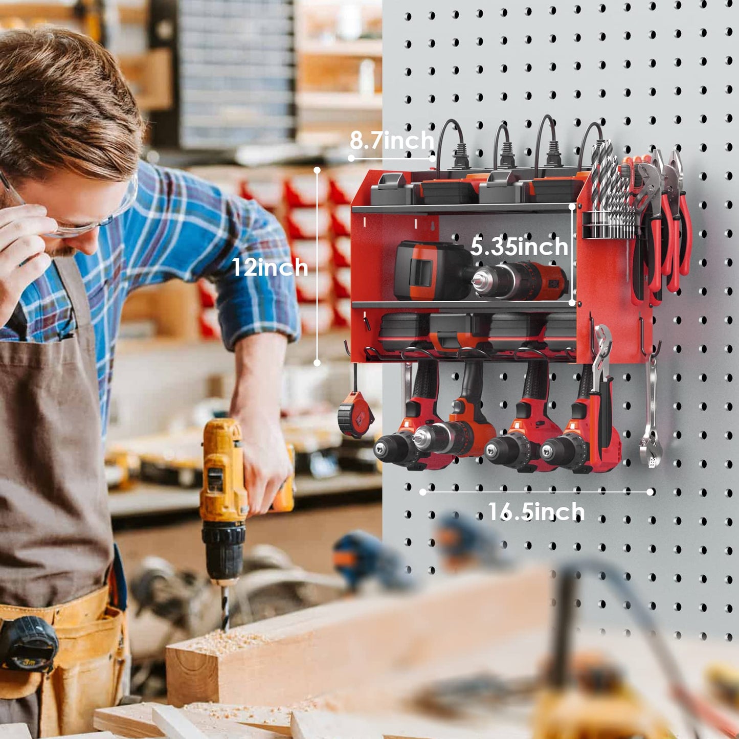 CCCEI Wall Mount Modular Tool Charging Organizer, Red, 1 Pack, 3 Tier.