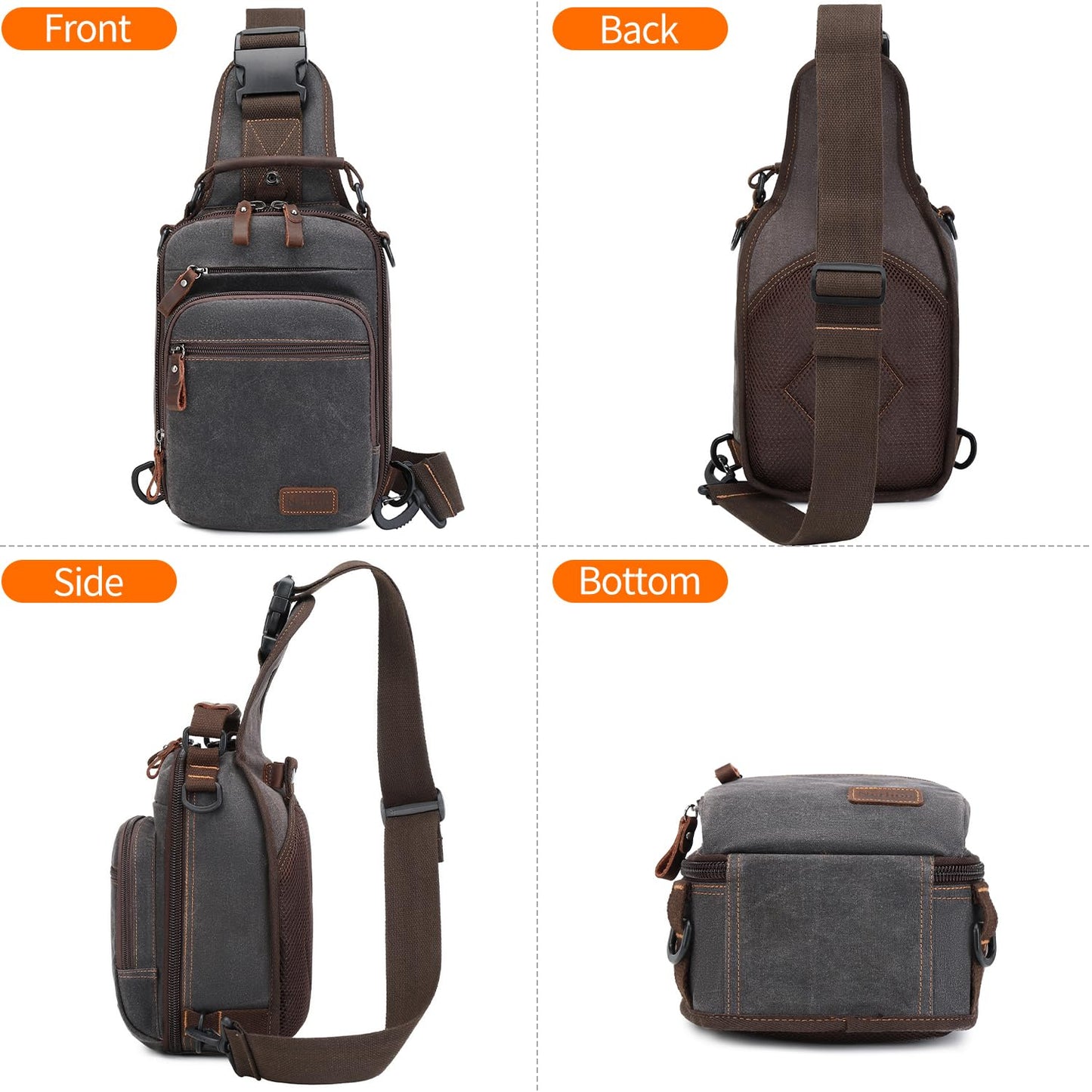 Nerlion Sling Bag for Men Waxed Canvas Crossbody Bag Chest Bag Shoulder Bag Casual Daypack for Travel (Gray)