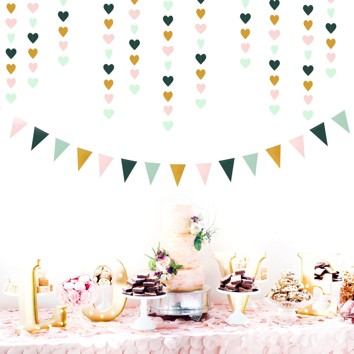 Sage-Green Mint Pink-Gold Love-Heart Garland - 52Ft Rustic Wedding Hanging Decoration Streamers Banner,Valentines Mothers Day Bachelorette Bridal Shower Engagement Party Bunting Lasting Surprise
