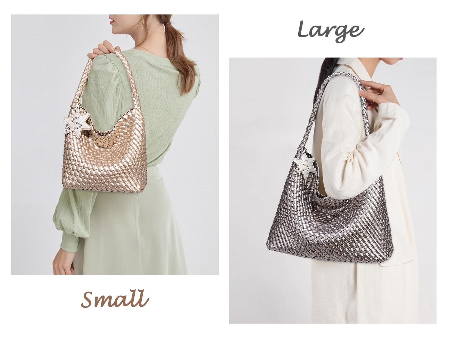 Leather Woven Tote Bag, Vegan Leather Slouchy Hobo Bag for Women, Large Shoulder Handbag Woven Purse (Gold-Large)