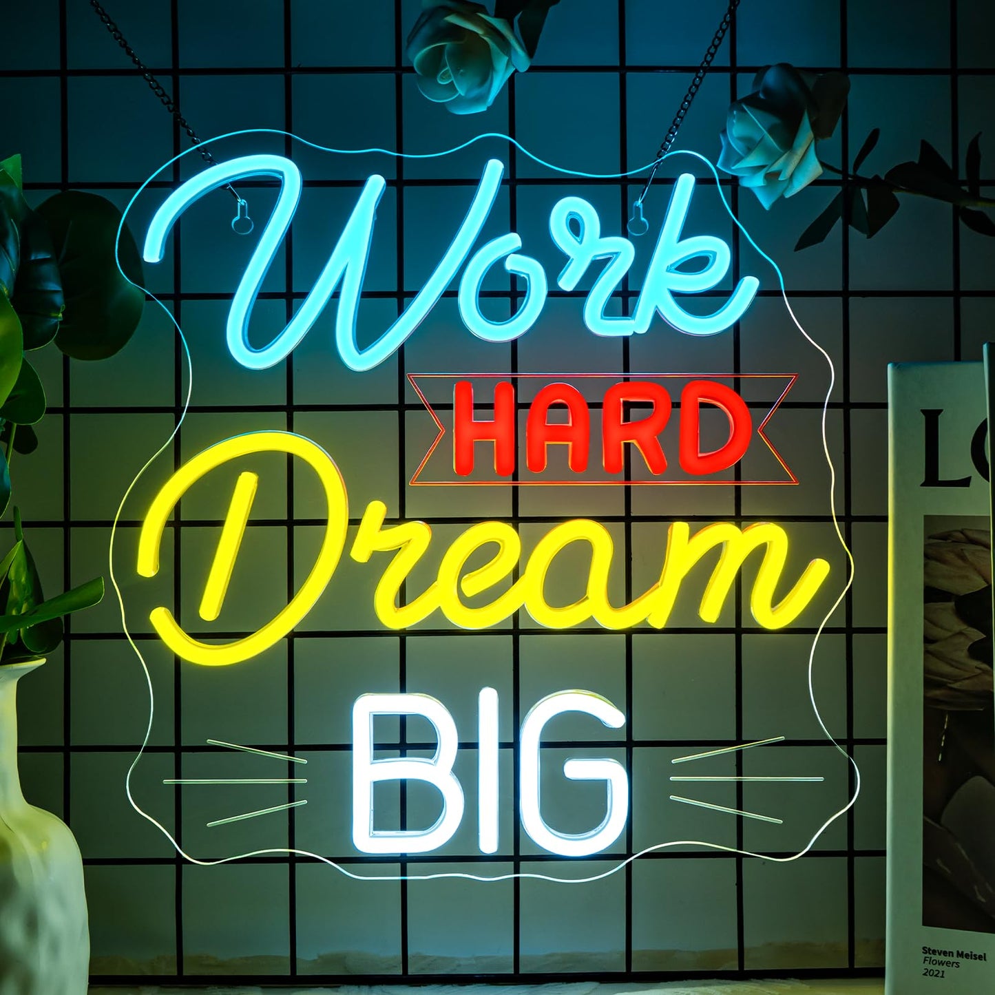 NOSUN Work Hard Dream Big Neon Sign Inspirational slogan personal studio LED Sign Wall Decor Adjustable Brightness Neon Signs USB Connect Neon Light for Bedroom Home Bar Club Hotel Party Decor