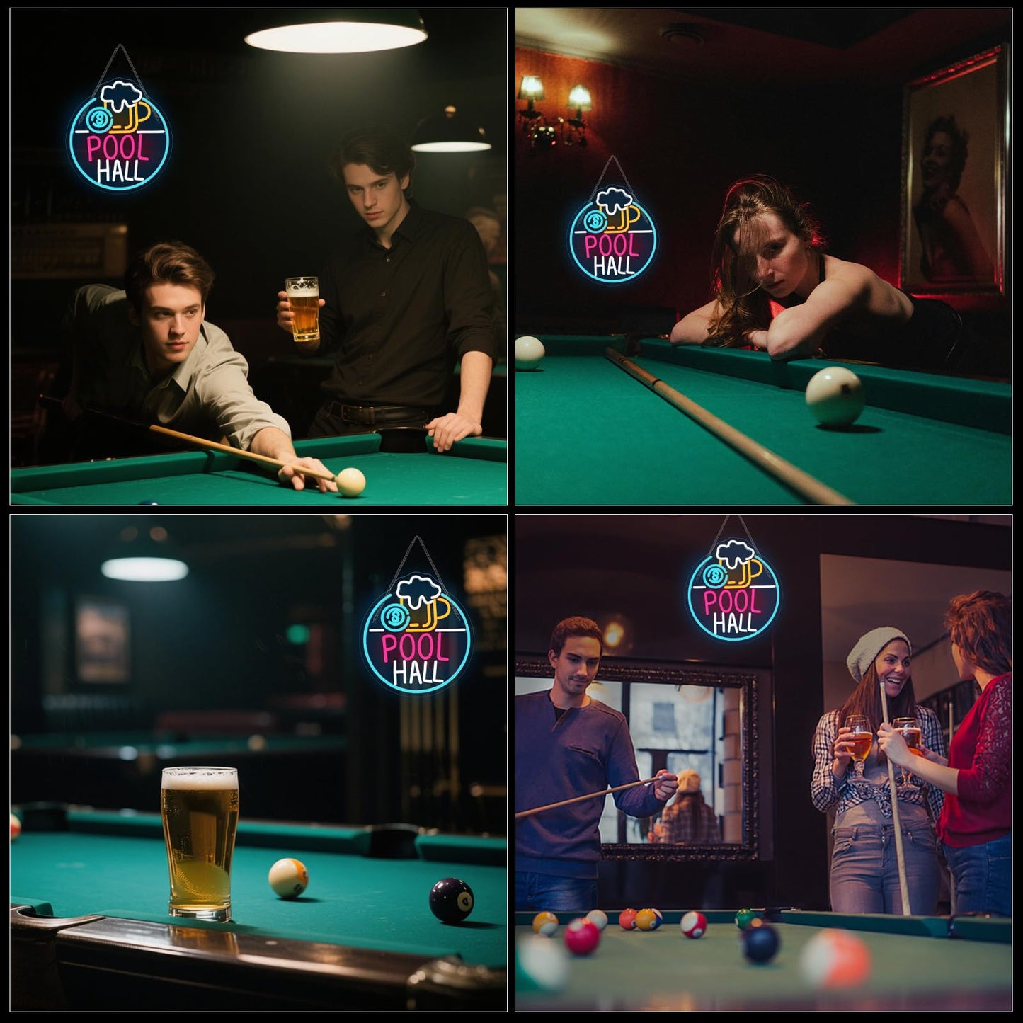 Horseneon Pool Hall Beer Neon Sign LED Light Sign Wall Decor for Pool Hall, Game Rooms, Bars, Basements & Man Caves USB Powered, Adjustable Brightness Billiards Themed Lighting