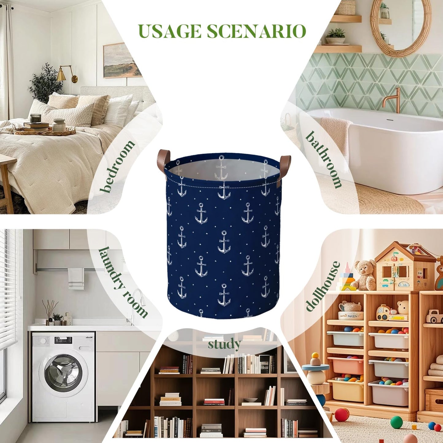 Laundry Basket 15.75 x 15.75 x 19.7 Inch Oxford Fabric Clothes Hamper with Nautical Anchor Pattern Foldable Laundry Storage Bin with Handles for Bedroom Bathroom Dorm Dirty Clothes Organizer