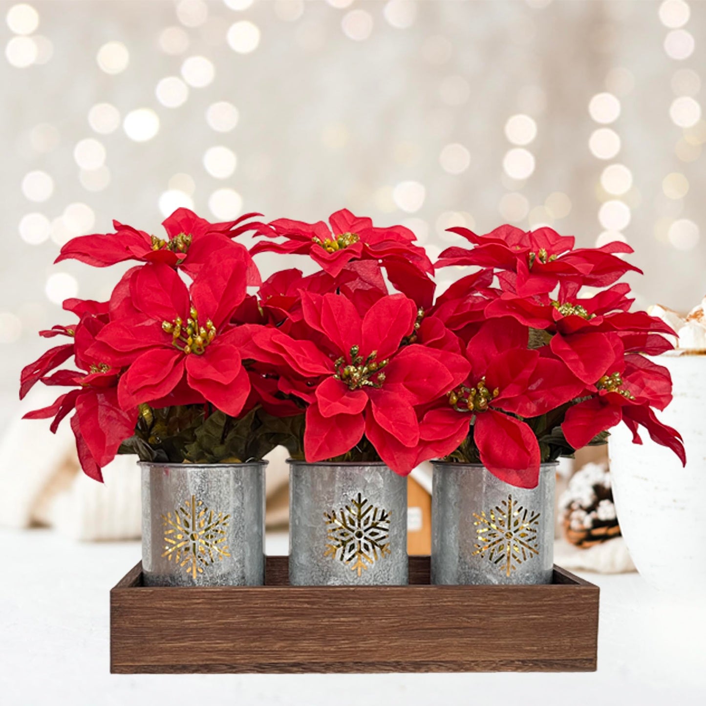 CANCLEAR Artificial Christmas Flower Arrangement, 3pcs Poinsettias in Galvanized Pots with Wood Tray and LED String Lights, Perfect Tabletop Centerpiece for Holiday Decor