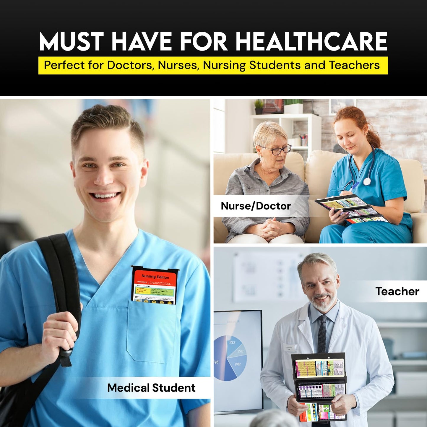 Nursing Clipboard Foldable with Medical Edition Cheat Sheets, 3 Layers Aluminum Foldable Clipboard for Nursing, Notepad for Students, Nursing School Essentials (Black)