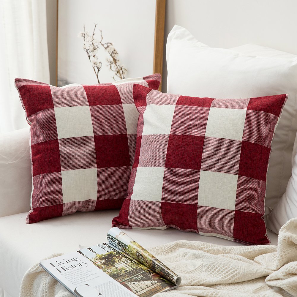 MIULEE Pack of 2 Christmas Classic Farmhouse Buffalo Check Plaids Linen Soft Soild Decorative Square Porch Throw Pillow Covers Home Decor Cushion Case for Sofa Bedroom 18x18 Inch, White and Red