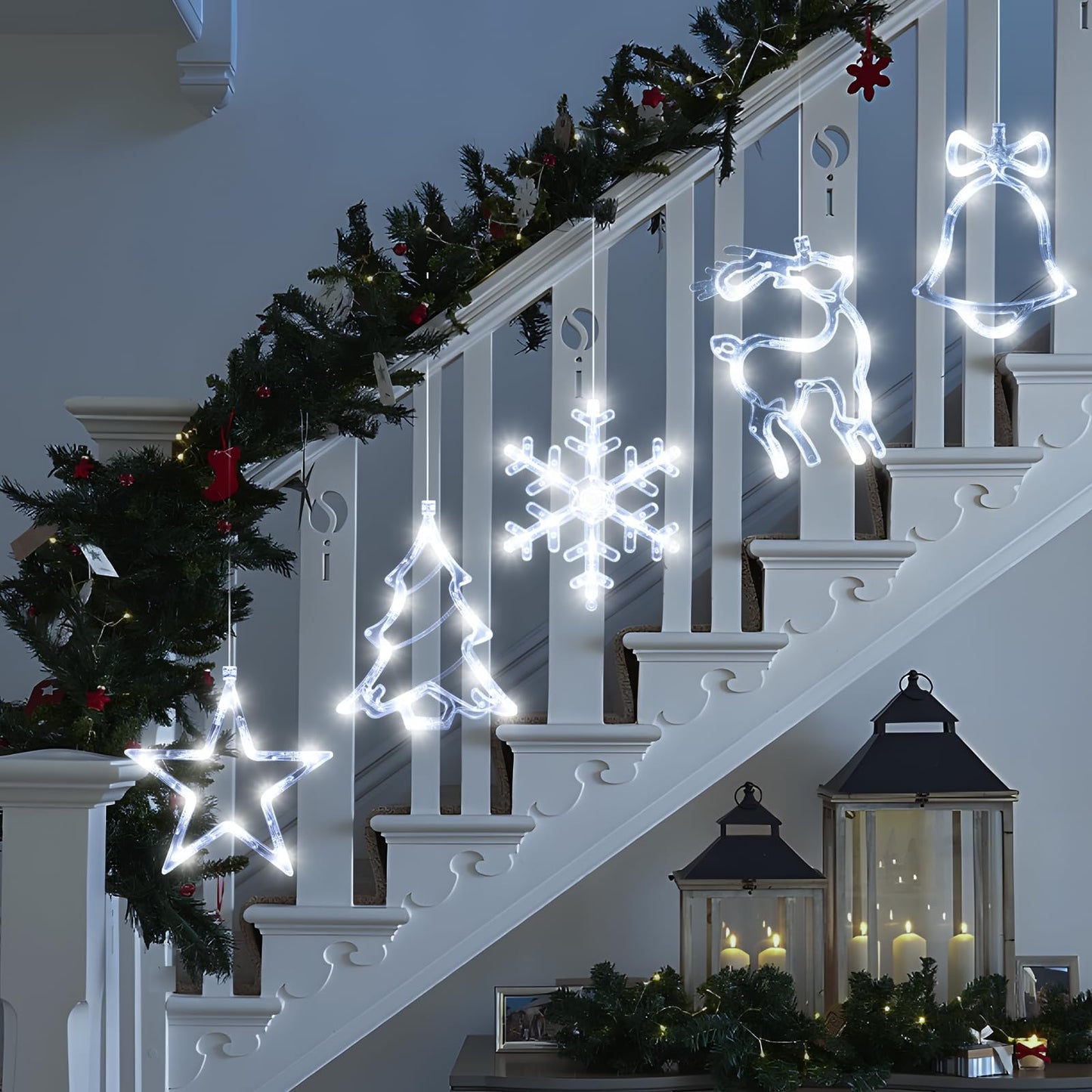 LYUBASA 5Pack Christmas Window Lights Decorations with Timer,Battery Powered Christmas Hanging White Lighted Snowflake Tree Star Deer Bells Shaped LED Sucker for Xmas Fireplace Window Indoor Decor