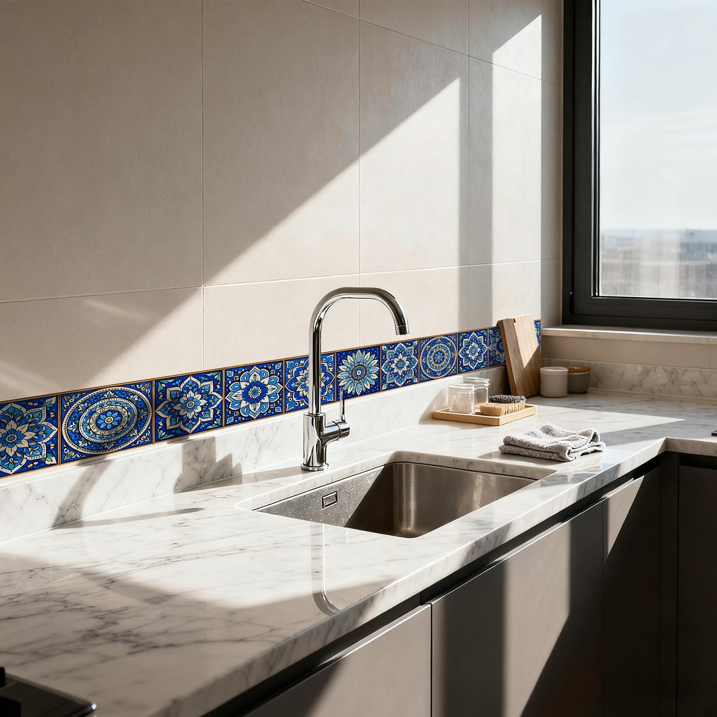 Nuxovilar Wallpaper Border Peel and Stick 3.94x16.4Ft PVC Removable Self-Adhesive Bathroom Kitchen Living Room (Blue White Moroccan Tile Pattern)