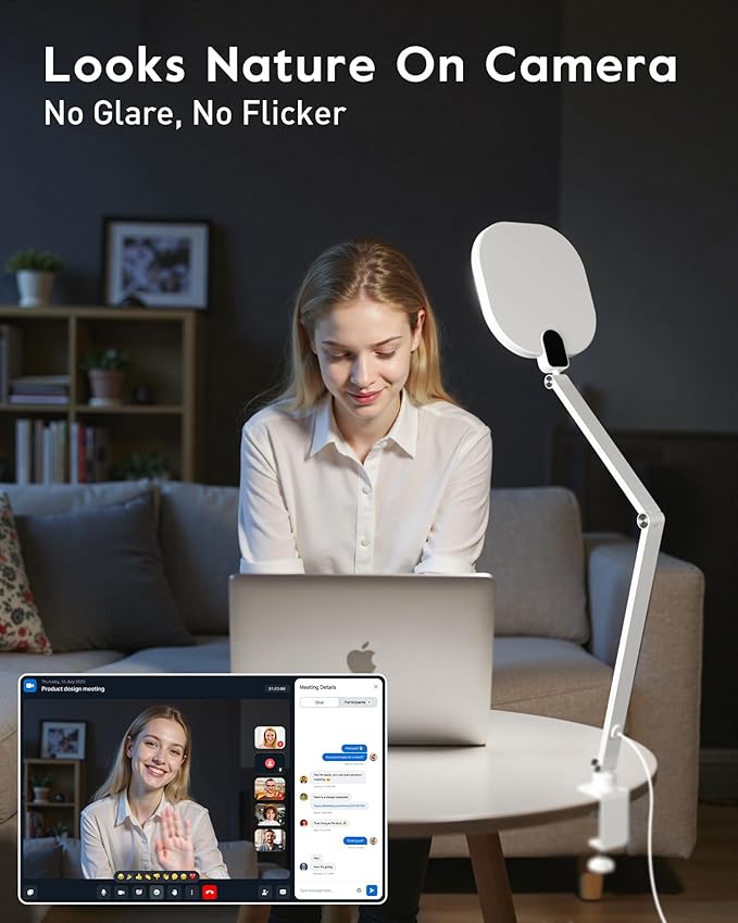 Led Desk Lamp with Clamp, 1200LM Dimmable Home Office Desktop Light, 3000k-6500k Adjustable Swing Arm Ring Light for Video Conference, Study, Reading, Zoom Calls, Streaming (White)