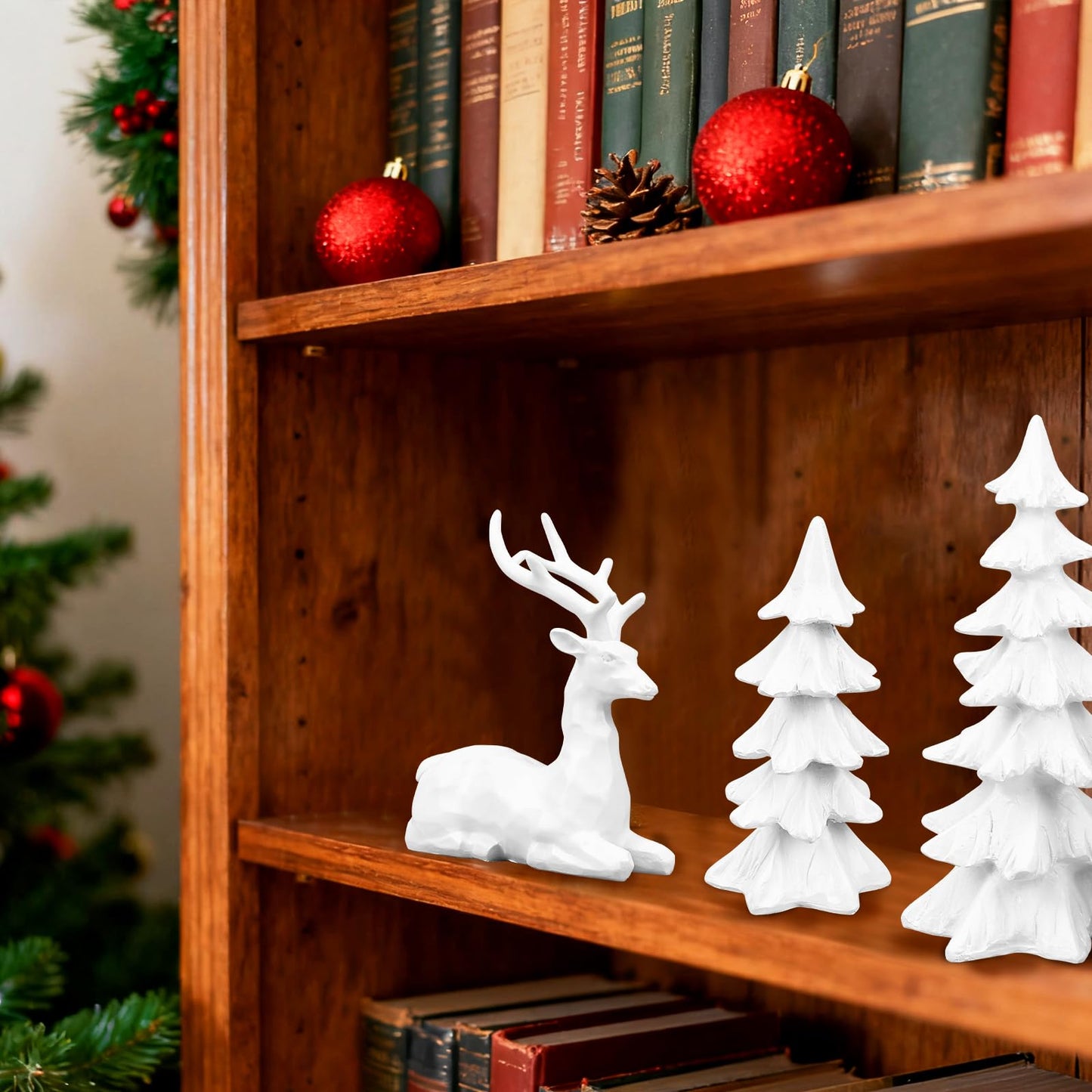 2 Pcs Christmas Tree Figurines and 2 Pcs Christmas Reindeer Figurines, White Tabletop Christmas Decorations Resin Christmas Tree and Elk Statues for Table Centerpieces Desk Shelf Fireplace Decor