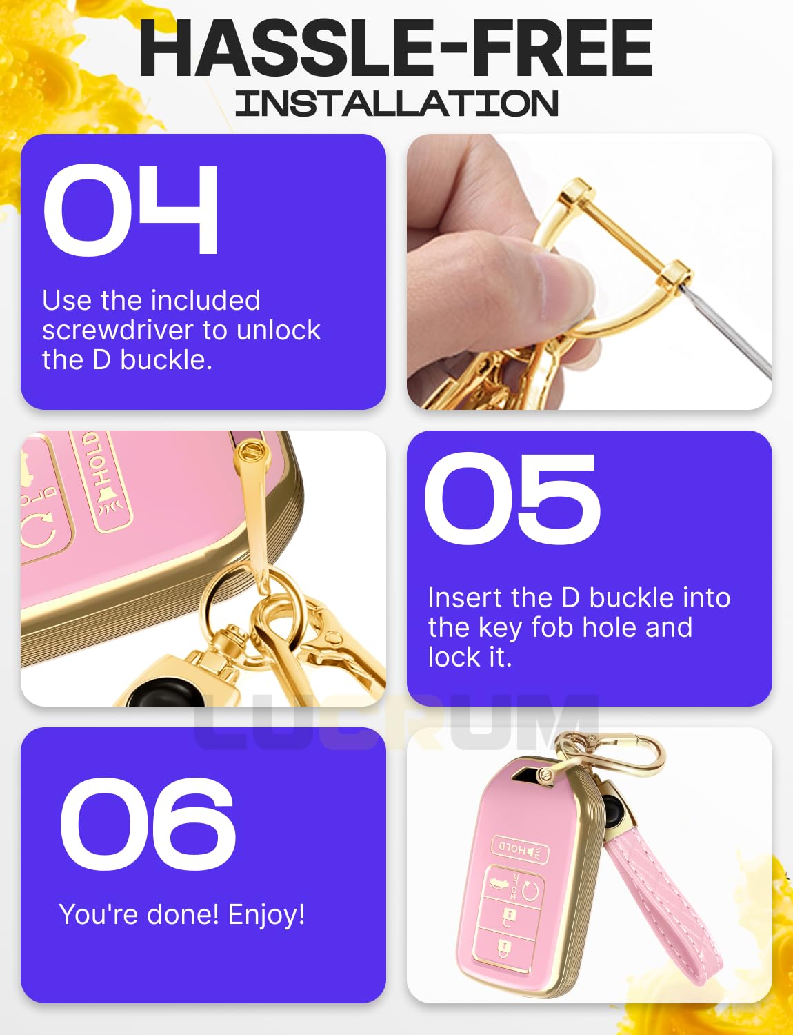 Lucrum Compatible with Honda Key Fob Cover & Leather Keychain - TPU Keyfob Case for Accord Civic CR-V HR-V Pilot Ridgeline Crosstour Fit, For 5 Button Remote (2015-2021) - Pink and Gold