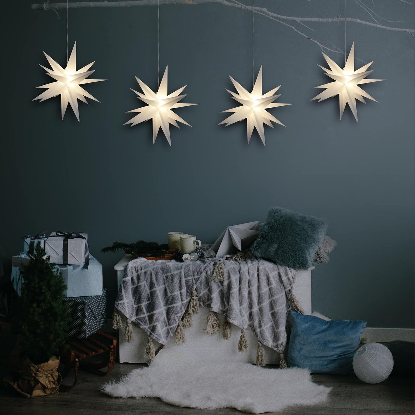 Leejec 9.4" Moravian Star Outdoor Light with Remote Control, Christmas Decorations, Indoor Hanging, Warm White LED Light, Battery Operated with Timer Function, 4-Pack, Tree, Ceiling, Balcony Décor