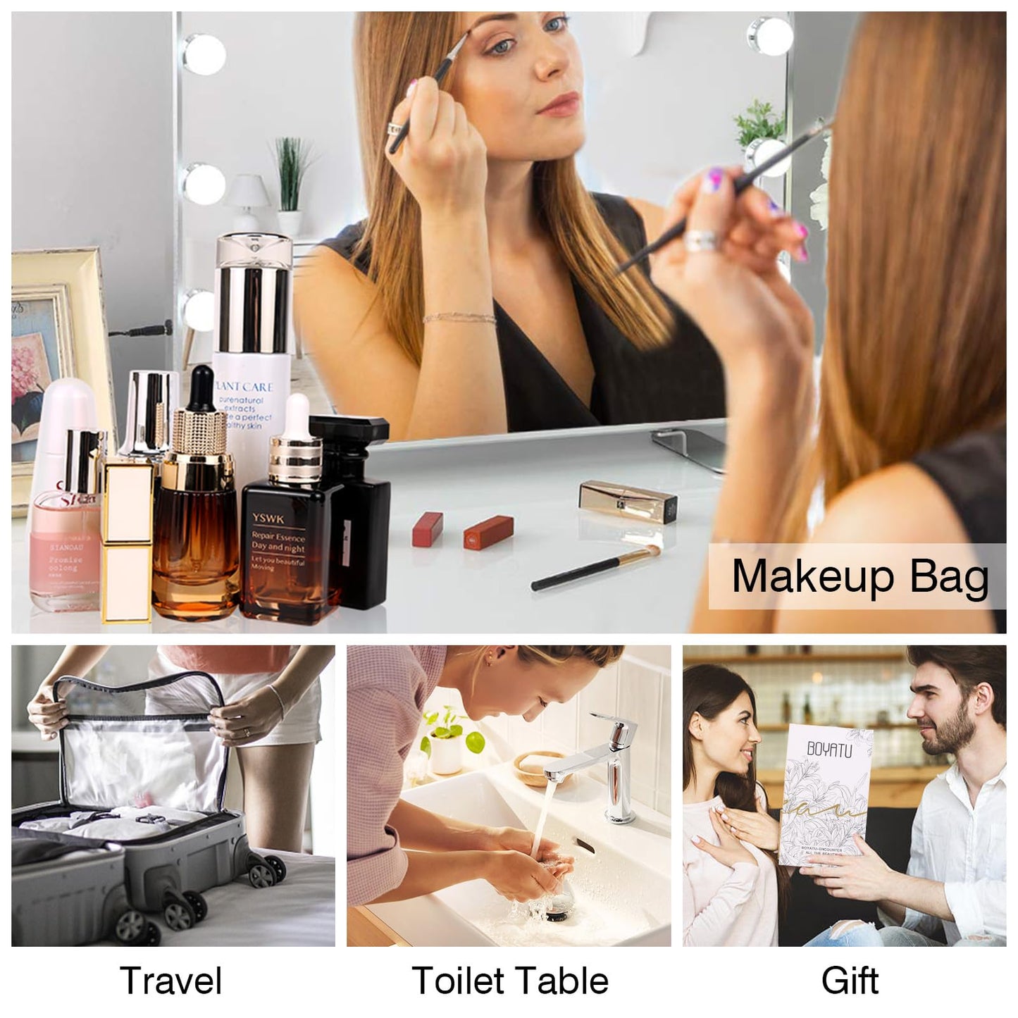 BOYATU Travel Makeup Bags Cosmetic Organizer Bag: 3 Pcs Set Large Capacity Floral Make up Bag with Compartments - Waterproof Leather Toiletry Bags with Handle for Women (01-Light Blue)