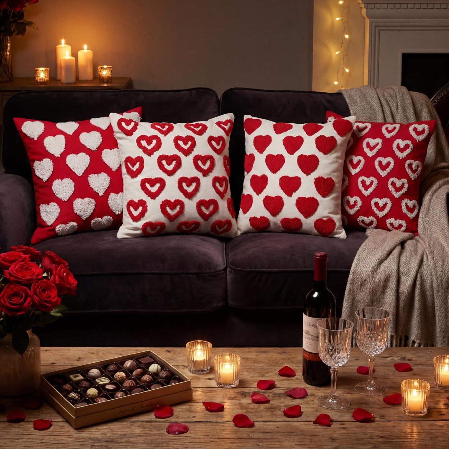 Fourluoo 4 Pcs Valentine's Day Throw Pillow Covers 18x18 Inch Soft Heart Decorative Pillowcase Plush White Red Soft Plush Pillow Covers Cushion Case Decorations for Sofa Living Room Valentine Gift