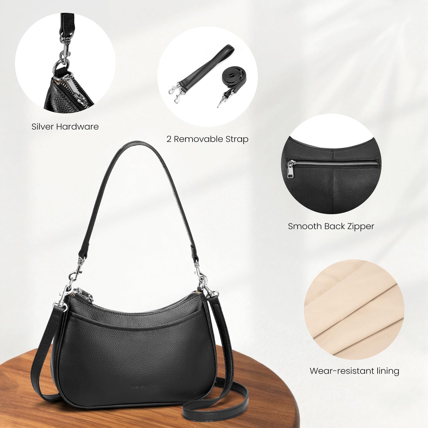 befen Anti Theft Genuine Leather Crossbody Bags for Women Black Shoulder Purses Designer Trendy Hobo Bag with RFID Blocking Soft Leather Purse Travel Womens Handbag Shoulder with 2 Detachable Straps