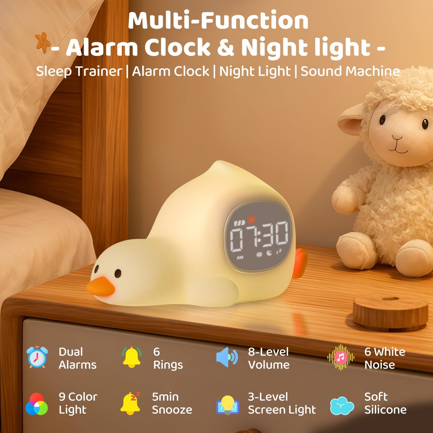 Laying Duck Alarm Clock with Night Light for Kids with Sleep Training and Sound Machine, Rechargeable Silicone Lamp OK to Wake Clock,Cute Animal Tabletop Lamp, Perfect Sleep Companion for Boys Girls