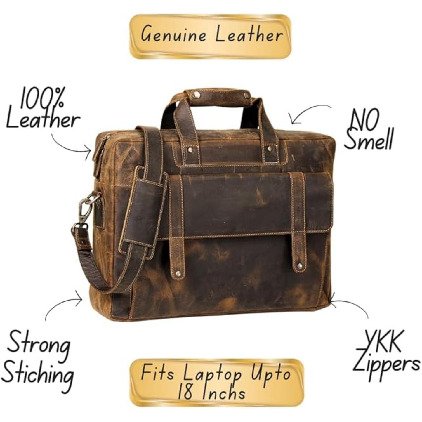 HULSH Genuine Leather briefcases for men 17 inches computer bag for mens | Laptop bag, Work bag, Business and Office Bag (Brown)