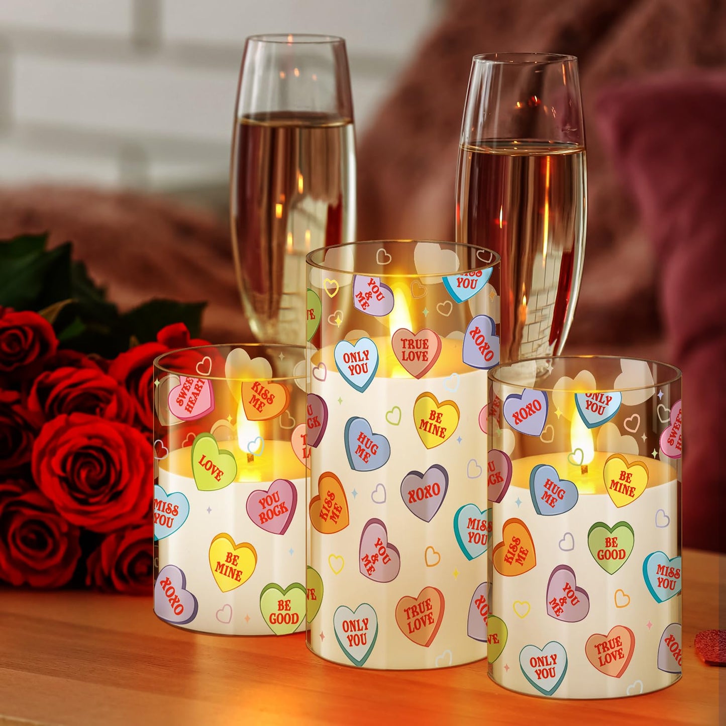 Blosssound 3 Pack Valentine's Day Flameless Candles Battery Operated Conversation Hearts Flameless Flickering Candles LED for Home Romantic Valentine's Collection Gifts Holiday Table Decorations