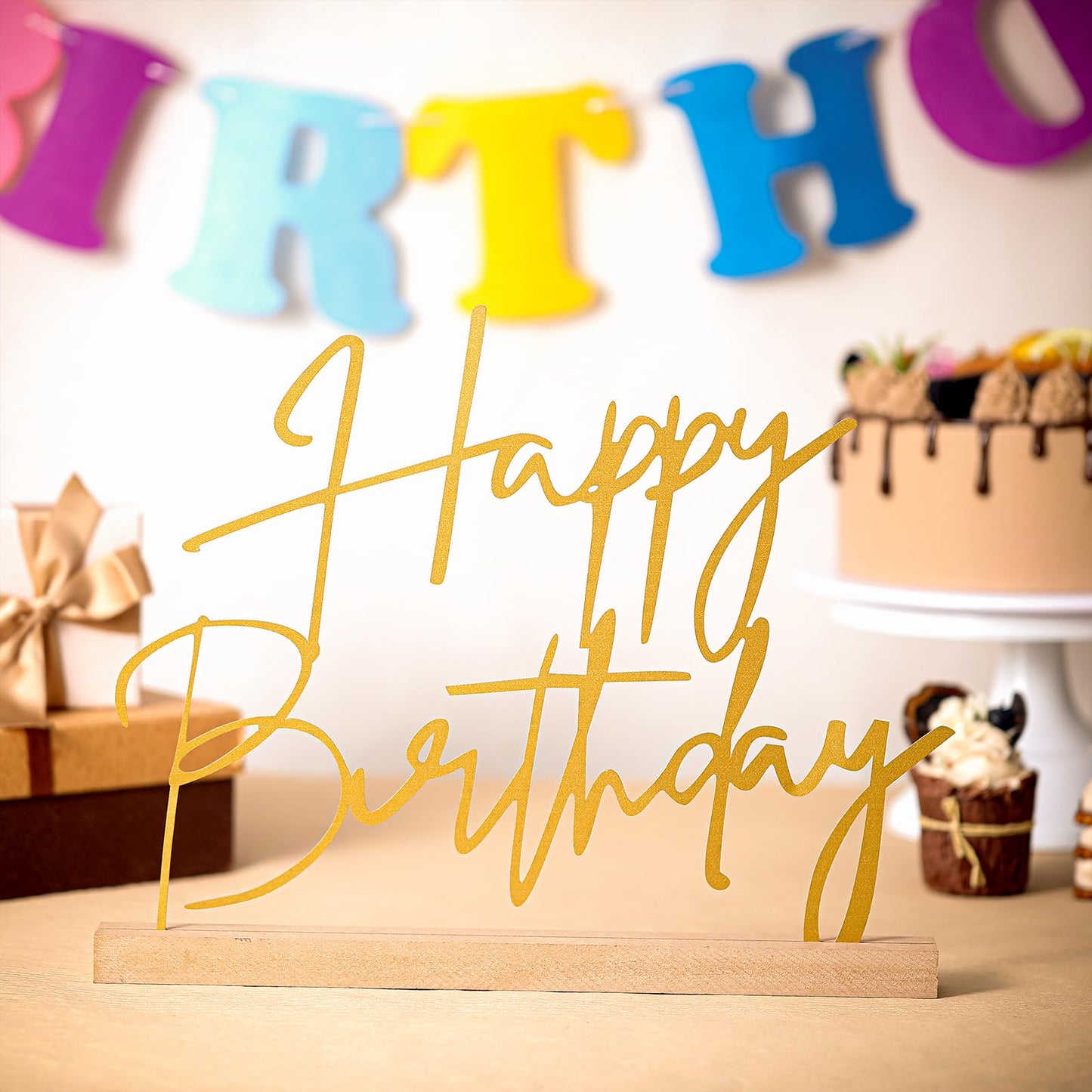 Yaocom 13.78 Inch Happy Birthday Table Sign Happy Birthday Metal Letter Decor Freestanding Tabletop Decoration with Wooden Base for Home Tiered Tray Centerpiece Mantel Shelf Fireplace Office