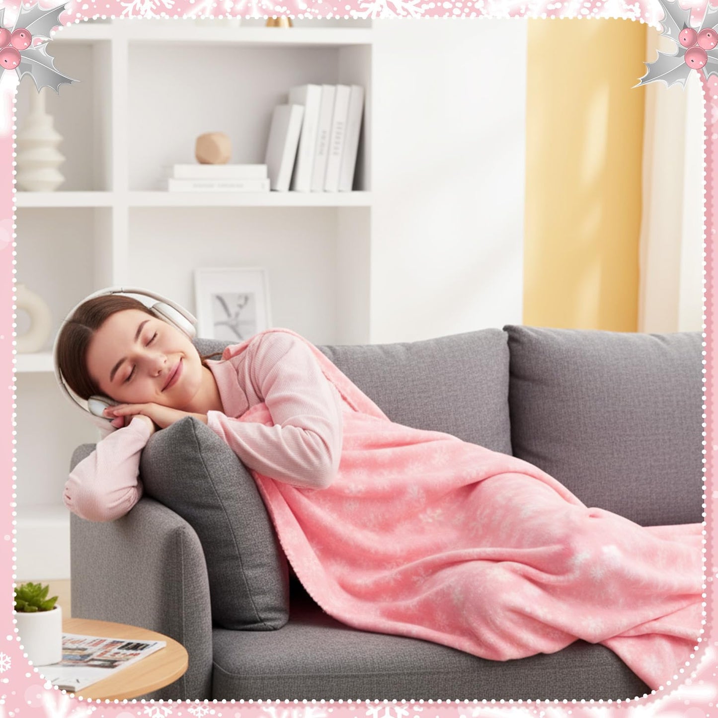 Moukeren 24 Pcs Christmas Snowflake Throw Blanket Bulk, 59 x 47 Inch Xmas Winter Throw Blanket Christmas Warm Soft Cozy Fleece for Home Bedding Couch Chair Gift (Pink)