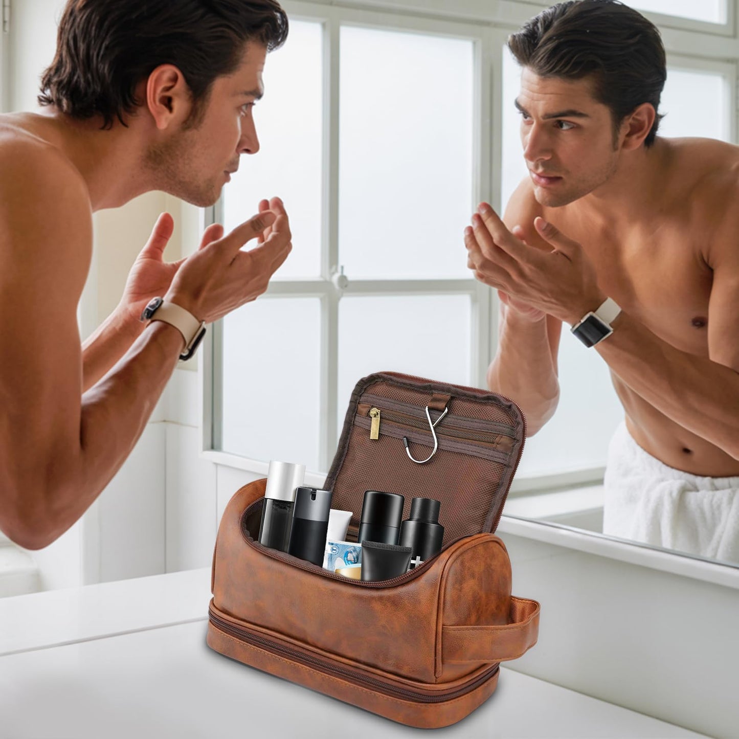 Toiletry Bag for Men, Personalized Gifts for Men, Custom Leather Initial Travel Shaving Bag, Gifts for Him Dad Husband Brother Boyfriend Groomsmen, Father's Day Birthday Anniversary Valentines Gifts