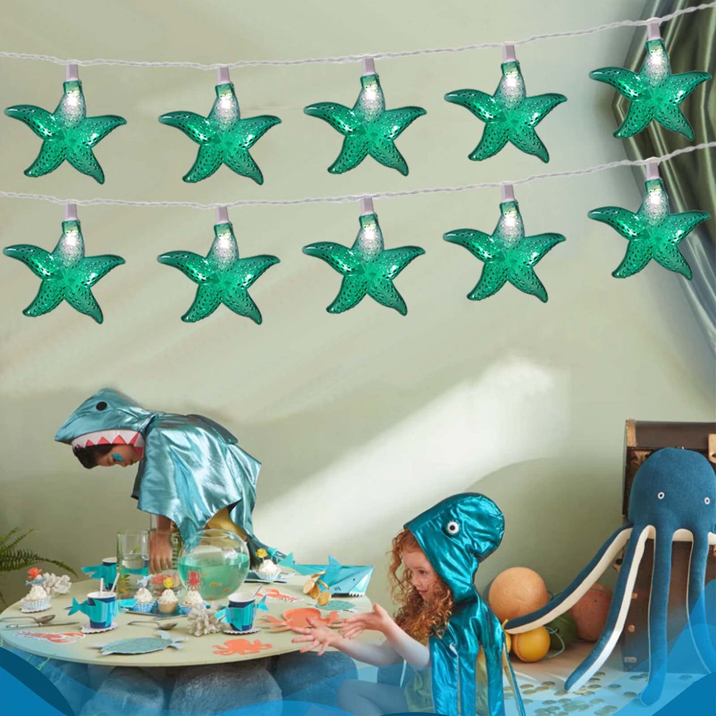 Ocean Themed Starfish String Lights 8.3Ft Marine Fairy String Lights 10 LED Green Starfish Lights, Waterproof Connectable Hanging Tropical Lights for Ocean Room Patio Garden Decor, Warm White