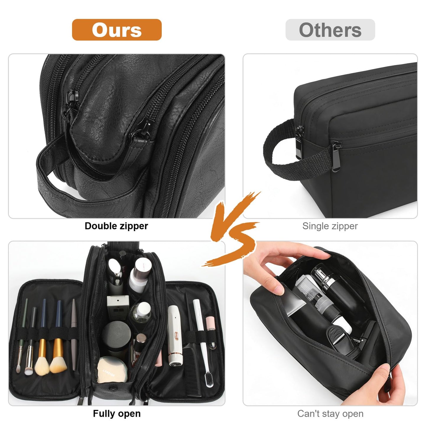Ezday Toiletry Bag for Men and Women, Travel Essentials Shaving Dopp Kit, Travel Bag Toiletries Organizer Case for Grooming, PU Leather Water Resistant Cosmetic Bag Pouch (Black, Medium)