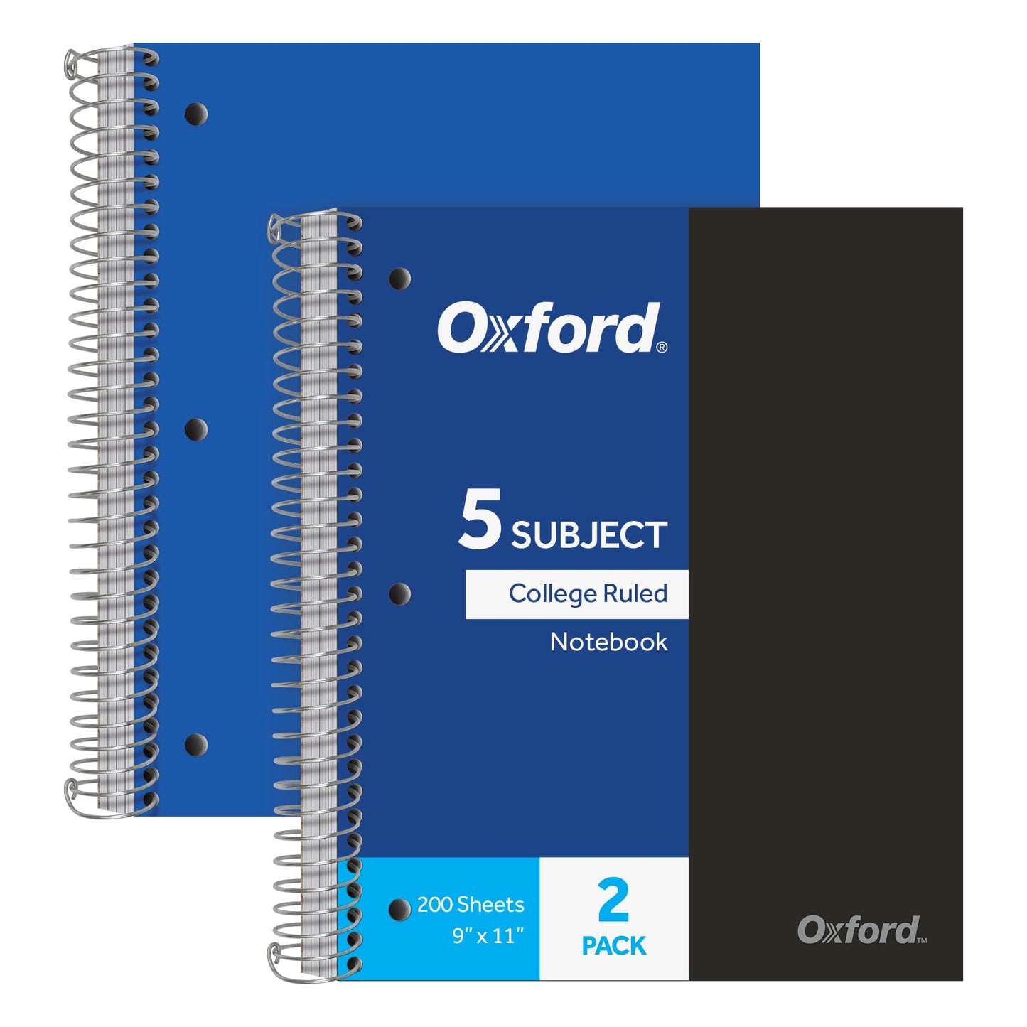 Oxford Spiral Notebooks, 5 Subject, College Ruled Paper, Durable Plastic Cover, 200 Sheets, 5 Divider Pockets, 2 per Pack (10388)