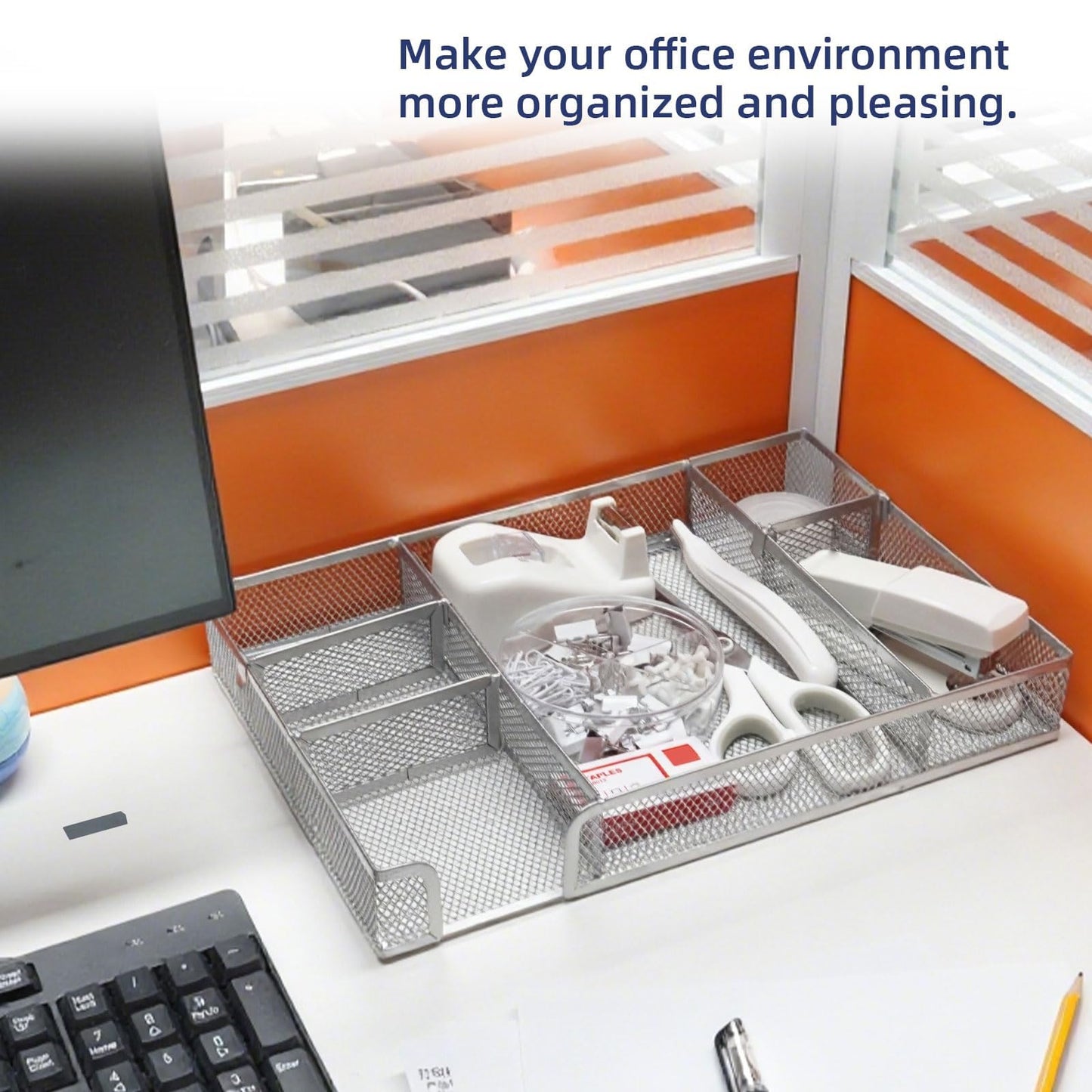Office Desk Accessories, Desk Organizers and Accessories, Stapler and Tape Dispenser Set Metal Storage Box,Stapler,Staple Remover,Paper Clips,Ruler,Scissors.Suitable for Office and Study Use,White