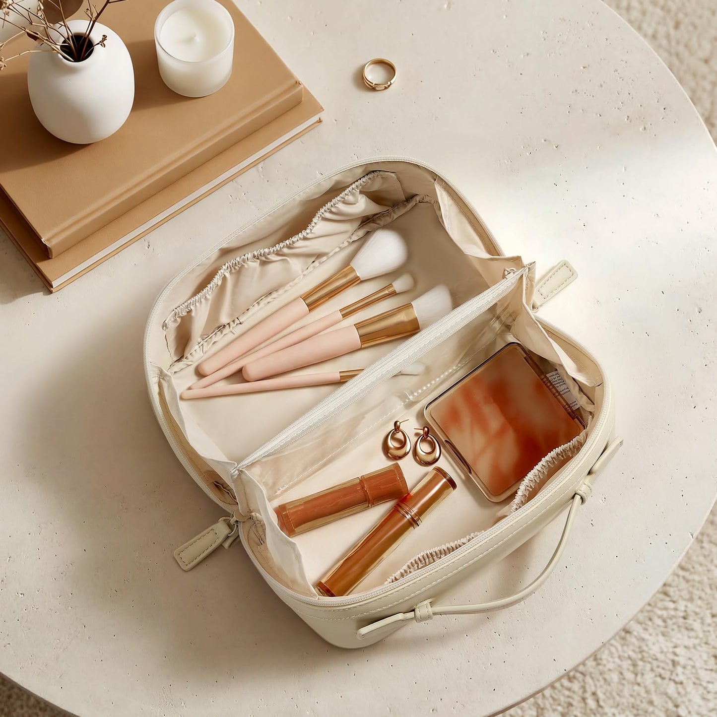 mibasies Travel Makeup Bag for Women, Large Capacity Waterproof PU Leather Flat Open Cosmetic Bag, Portable Toiletry Bag for Business Trip & Daily Use
