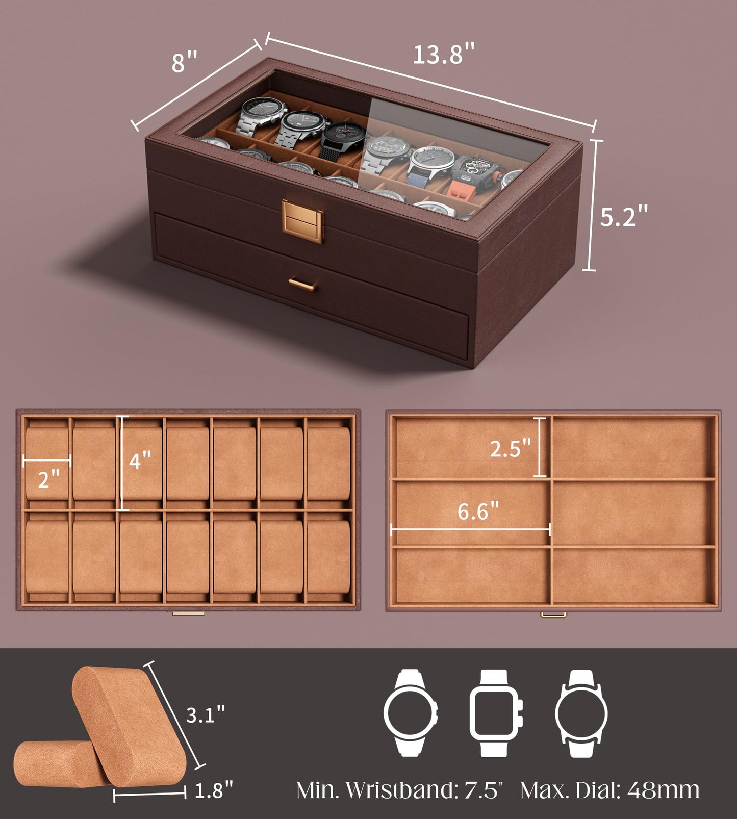 sensok Watch Case Box for Men – 14 Slots Watch Display Organizer with 6-Compartment Eyeglasses Storage, Real Glass Lid 2-Layer PU Leather Collection Holder Gift for Loved Ones Brown