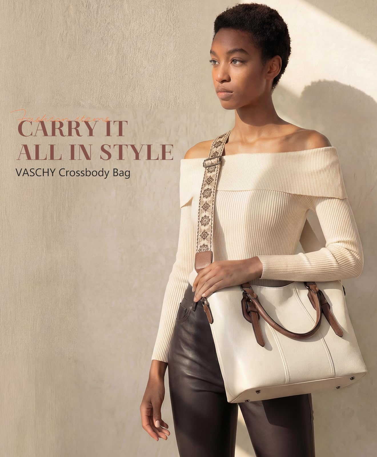 VASCHY Hobo Bags for Women, Vegan Leather Top Handle Satchel Shoulder Purse Handbag Purse with Crossbody Guitar Strap Beige