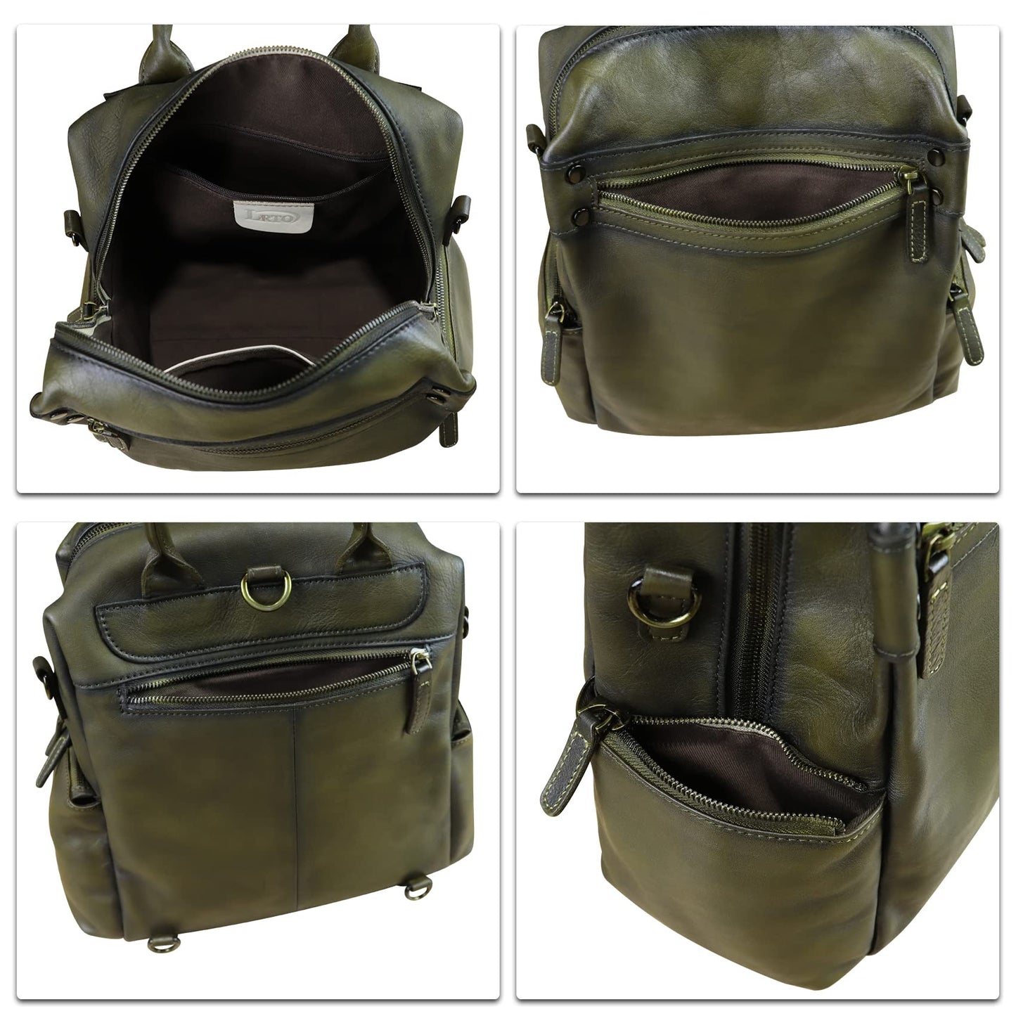 Genuine Leather Backpack Purse for Women Vintage Casual Daypack Knapsack Handmade Rucksack Convertible Shoulder Bag (Green) Medium