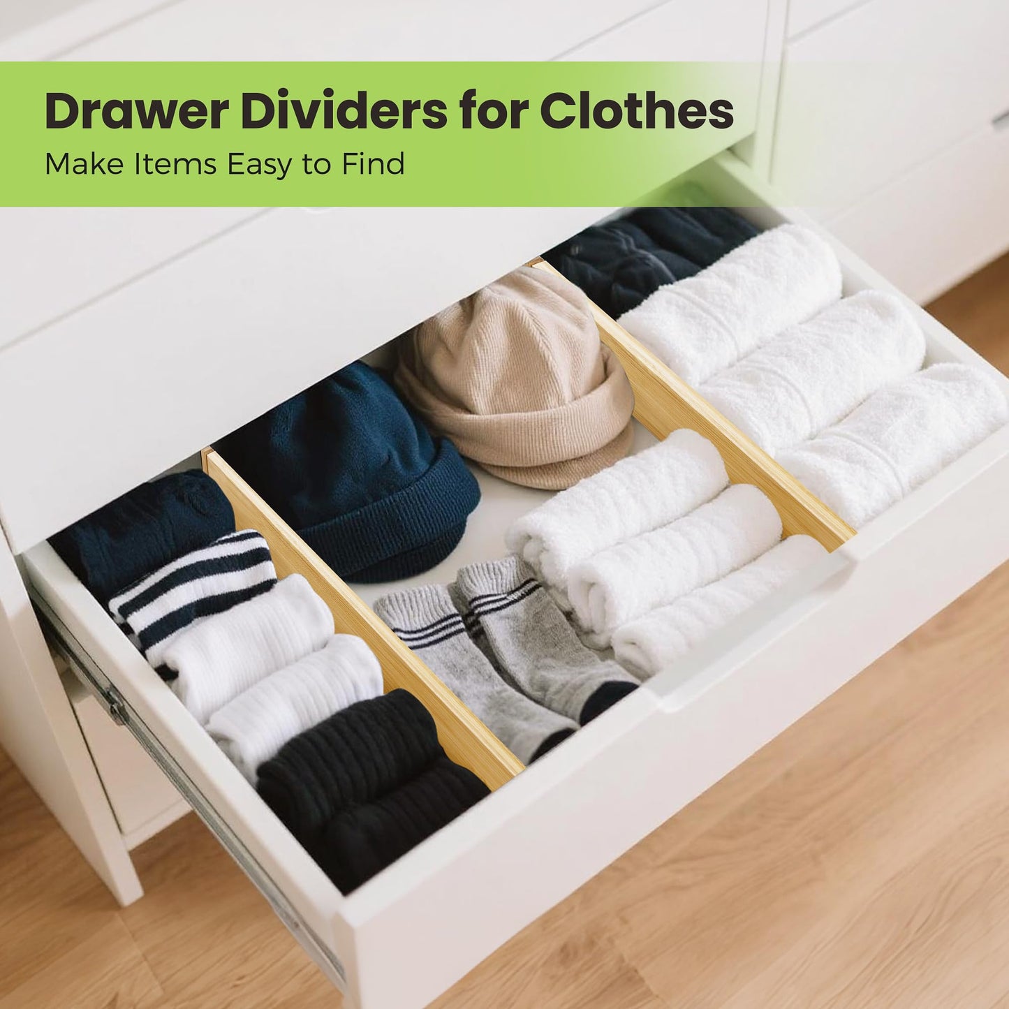 Fyvva Drawer Divider, Adjustable Bamboo Kitchen Drawer Organizer, Spring Loaded Drawer Organizer, Dresser Separators for Kitchen, Bathroom, Clothes, Office Desk Storage (Natural, 4 Pack Large)