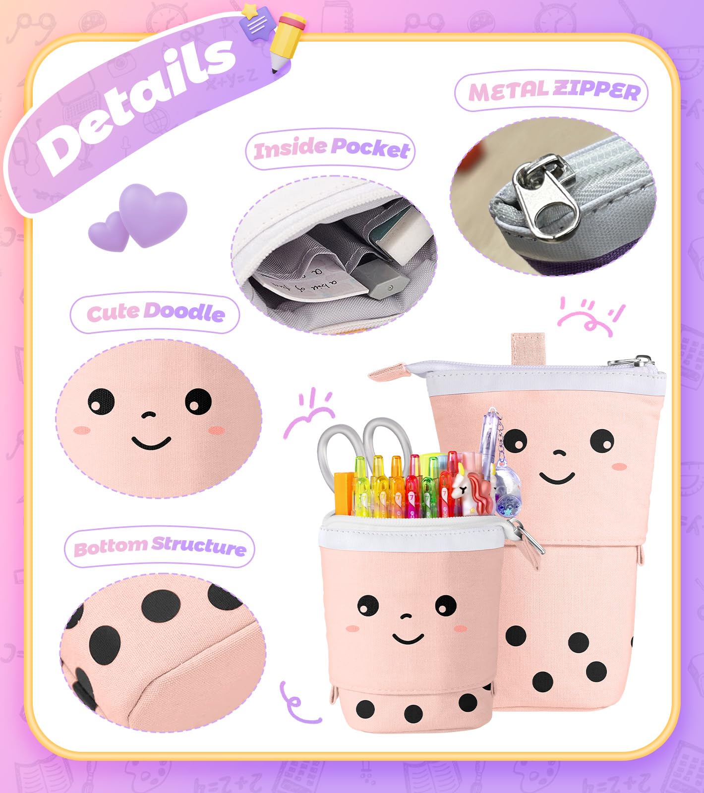 LISEVO Cute Pencil Case for Girls, 9 in 1 Set Boba Standing Up Pencil Bag Pouch Holder for Students Teens, Japanese Back to School Supplies Stationary Bags Set, Pen Holder Box Choice for Girls