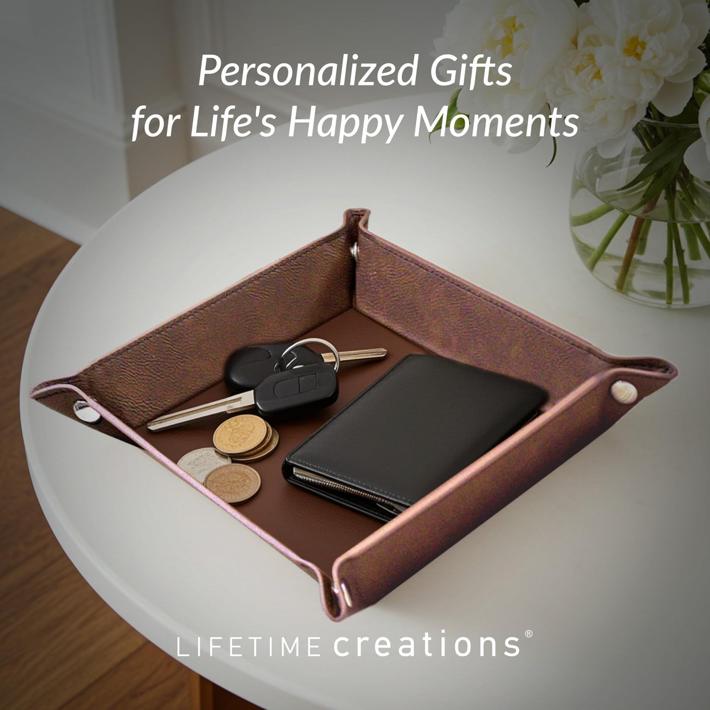 Lifetime Creations Monogrammed Valet Tray for Men (Brown) - Personalized Vegan Leather Catch All, Nightstand Desktop Desk Organizer for Coins, Keys, Watch