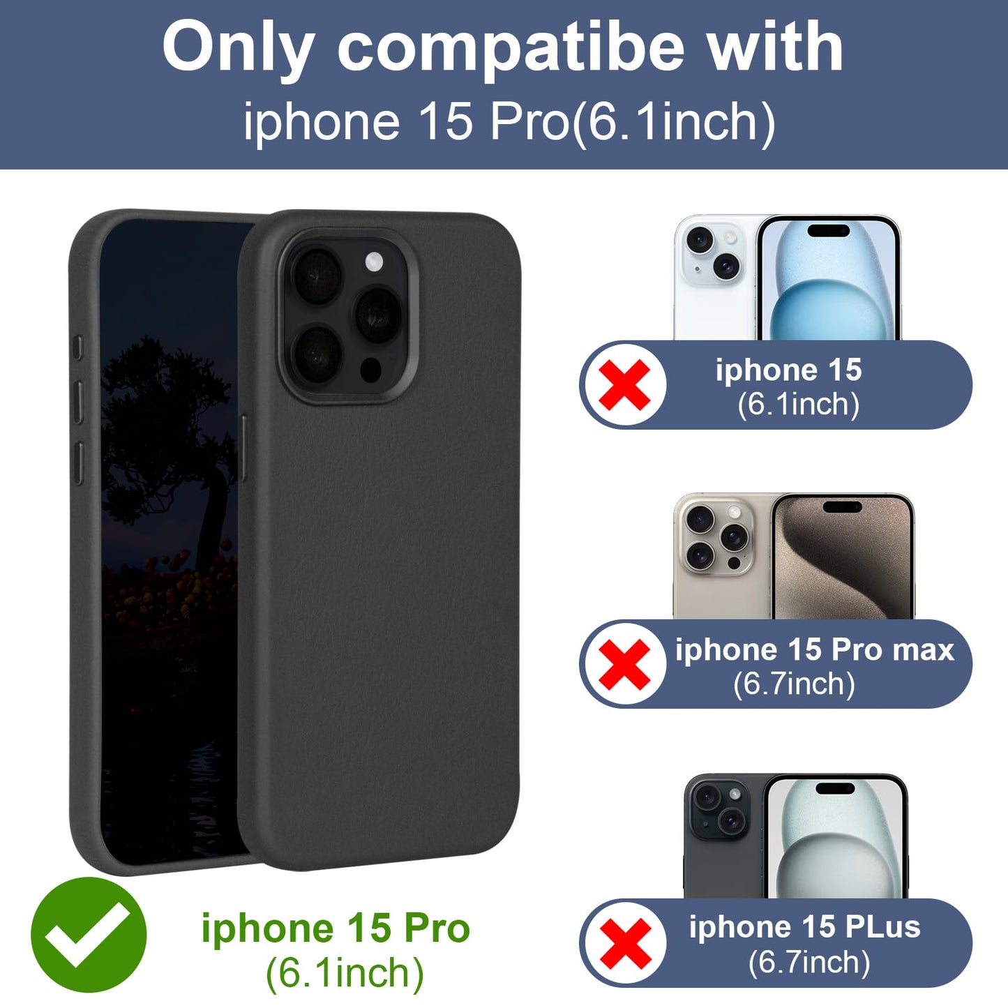 Rumwot for iPhone 15 Pro Leather Case | Genuine Full Grain Leather| Compatible with MagSafe and Wireless Charging | Metal Buttons Camera Bezel | Slim Fit-Drop and Scratch Resistant(Black)