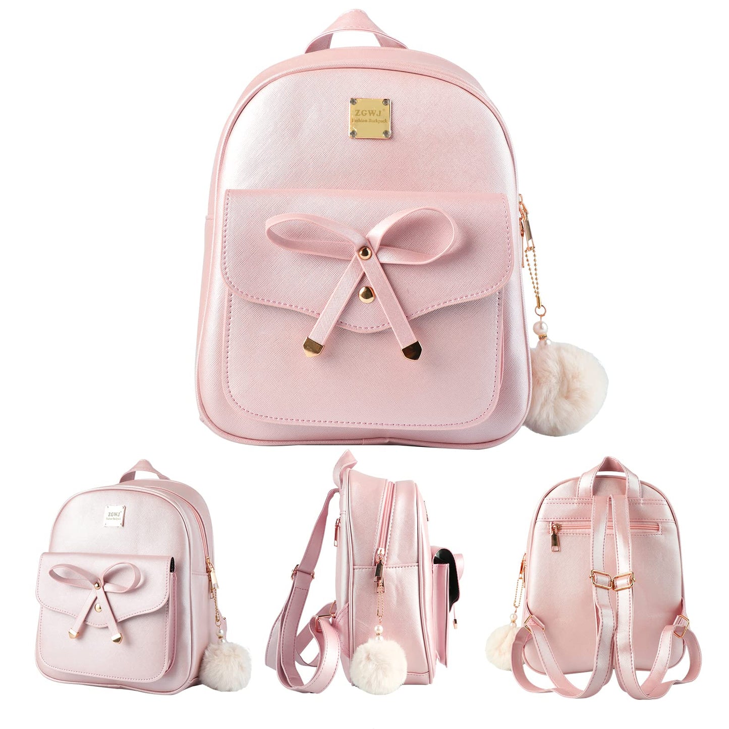 Aogist Mini Leather Backpack Purse 3-Pieces Fashion Bowknot Zipper Bags Cute Casual Travel Daypacks for Women (Pink)