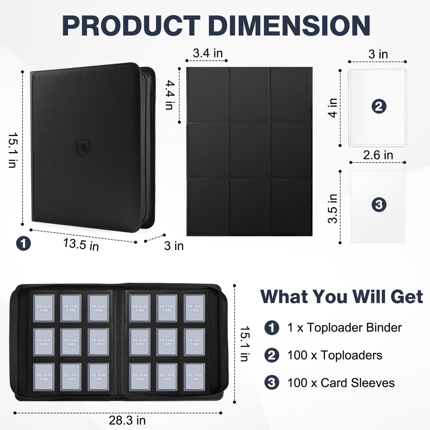 Toploader Binder, Holds 360 Toploader, 100 Toploaders INCLUDED, 9-Pocket PU Cover Top Loader Binder for 3" x 4" Rigid Toploaders, Ringless Double-Sided Toploader Card Binder for TCG, Sport Cards