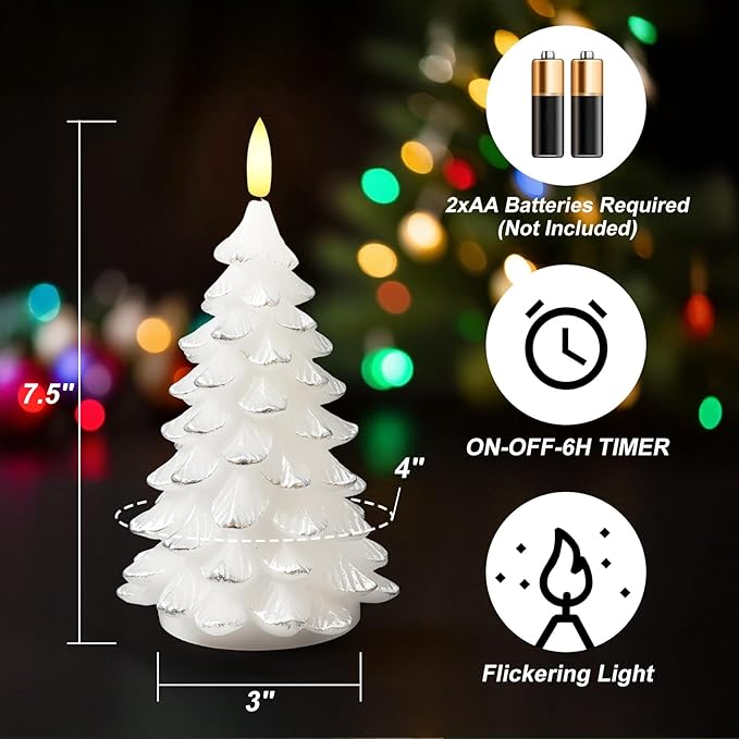 Christmas Decorations Indoor, Christmas Decor - Christmas Tree Candles Battery Operated, Flameless LED Candle Lights with 6H Timer, Xmas Home Decor, Set of 2(White)